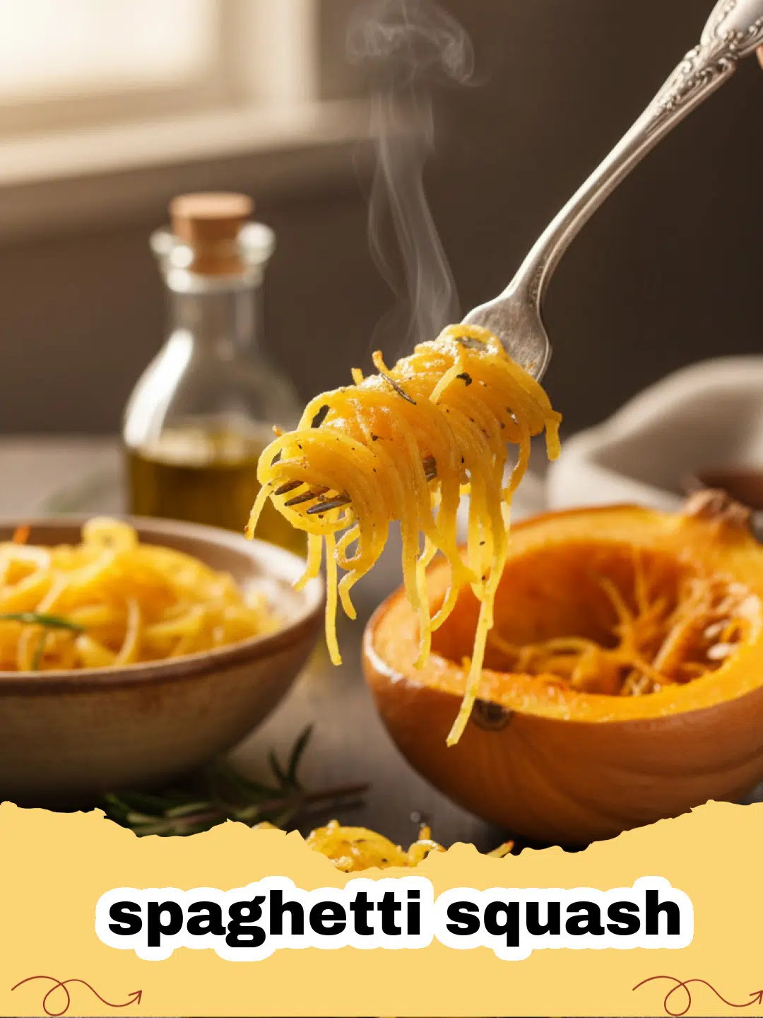 Roasted spaghetti squash halves with fork-scraped strands ready to serve