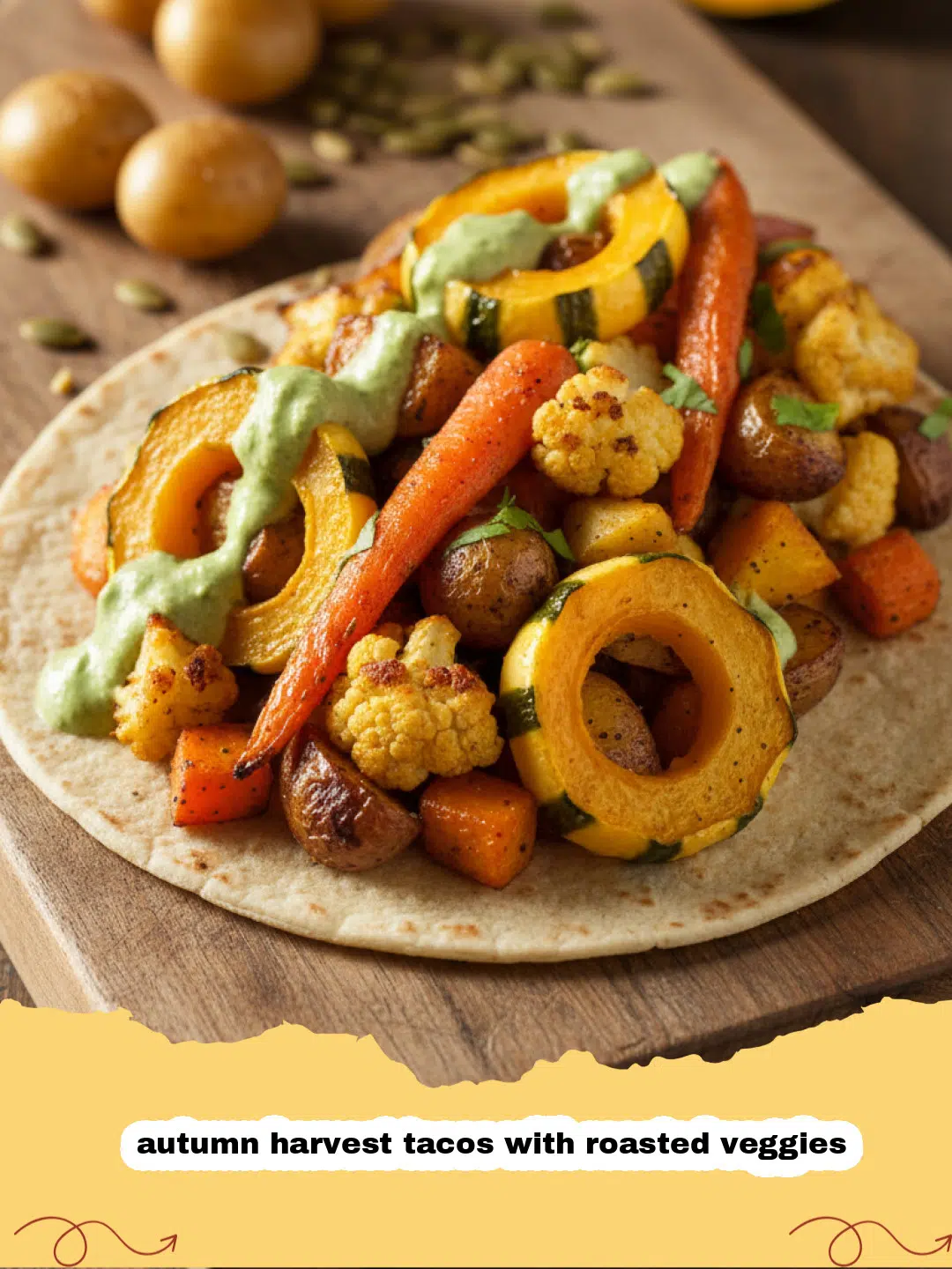 A plate of colorful autumn harvest tacos with roasted veggies topped with avocado and cilantro.