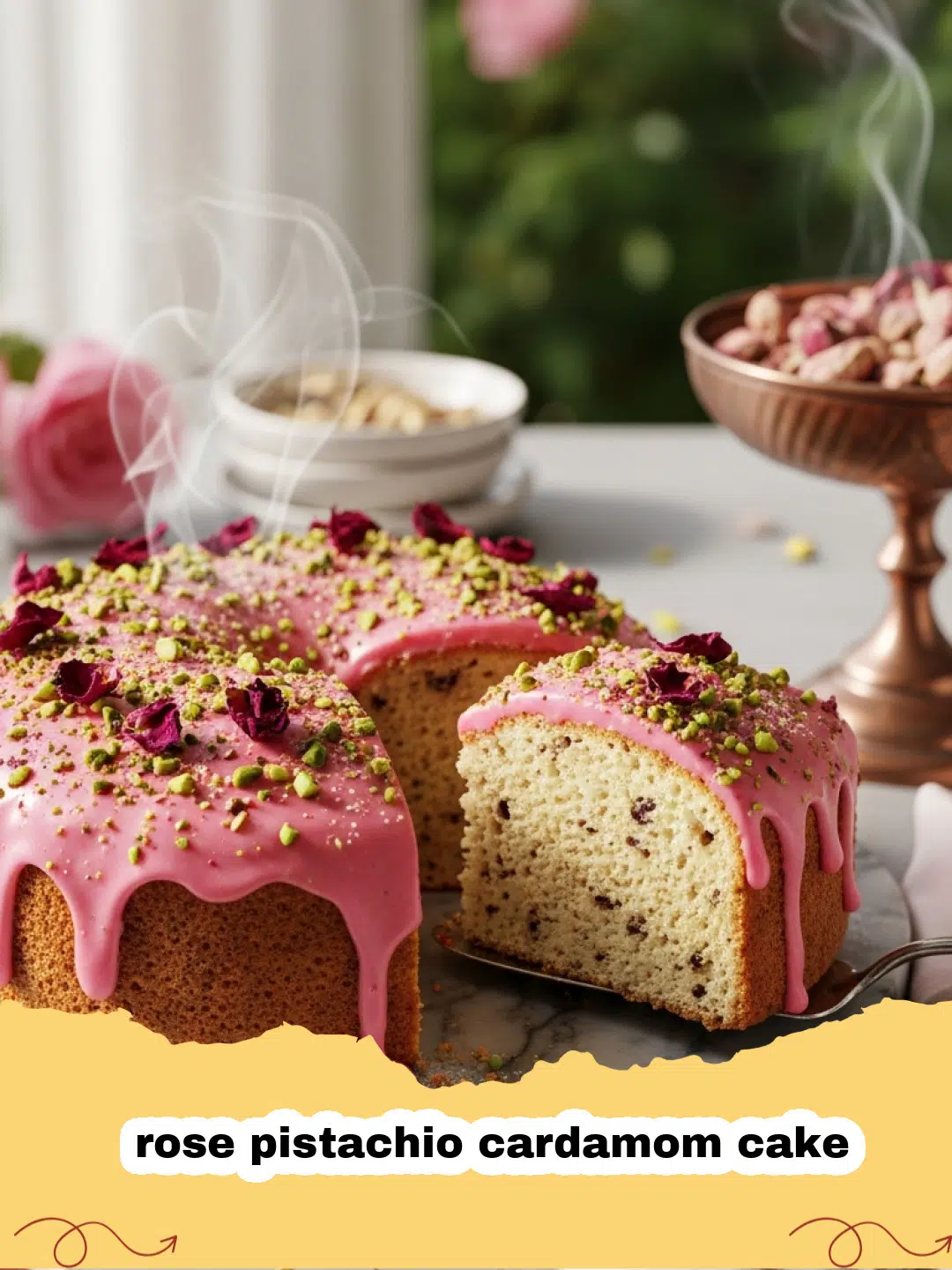 rose pistachio cardamom cake - A beautiful Rose Pistachio Cardamom Cake decorated with pink rose petals and green pistachios on a white plate.