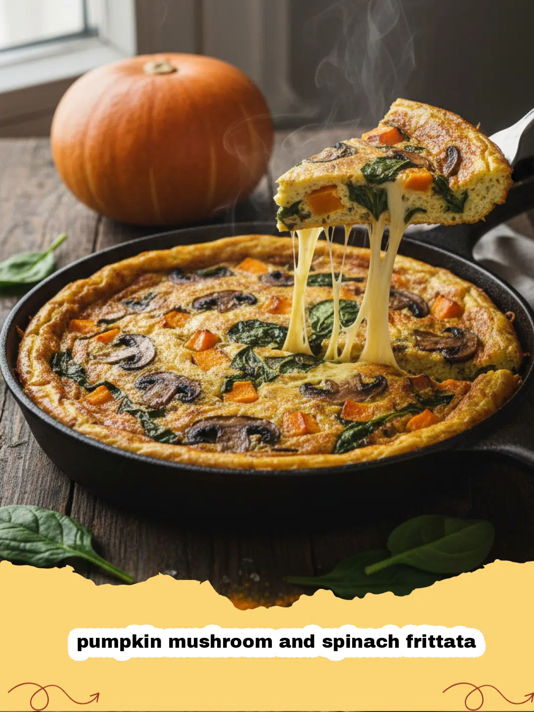 A golden-brown pumpkin mushroom and spinach frittata in a cast iron skillet.
