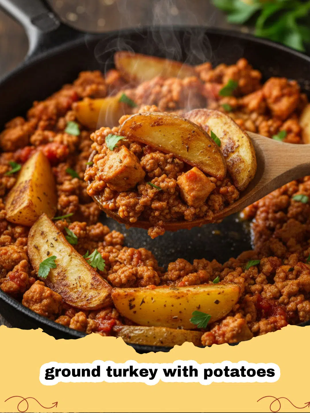 ground turkey with potatoes - A close-up of a skillet filled with savory ground turkey and golden roasted potatoes, garnished with fresh parsley.