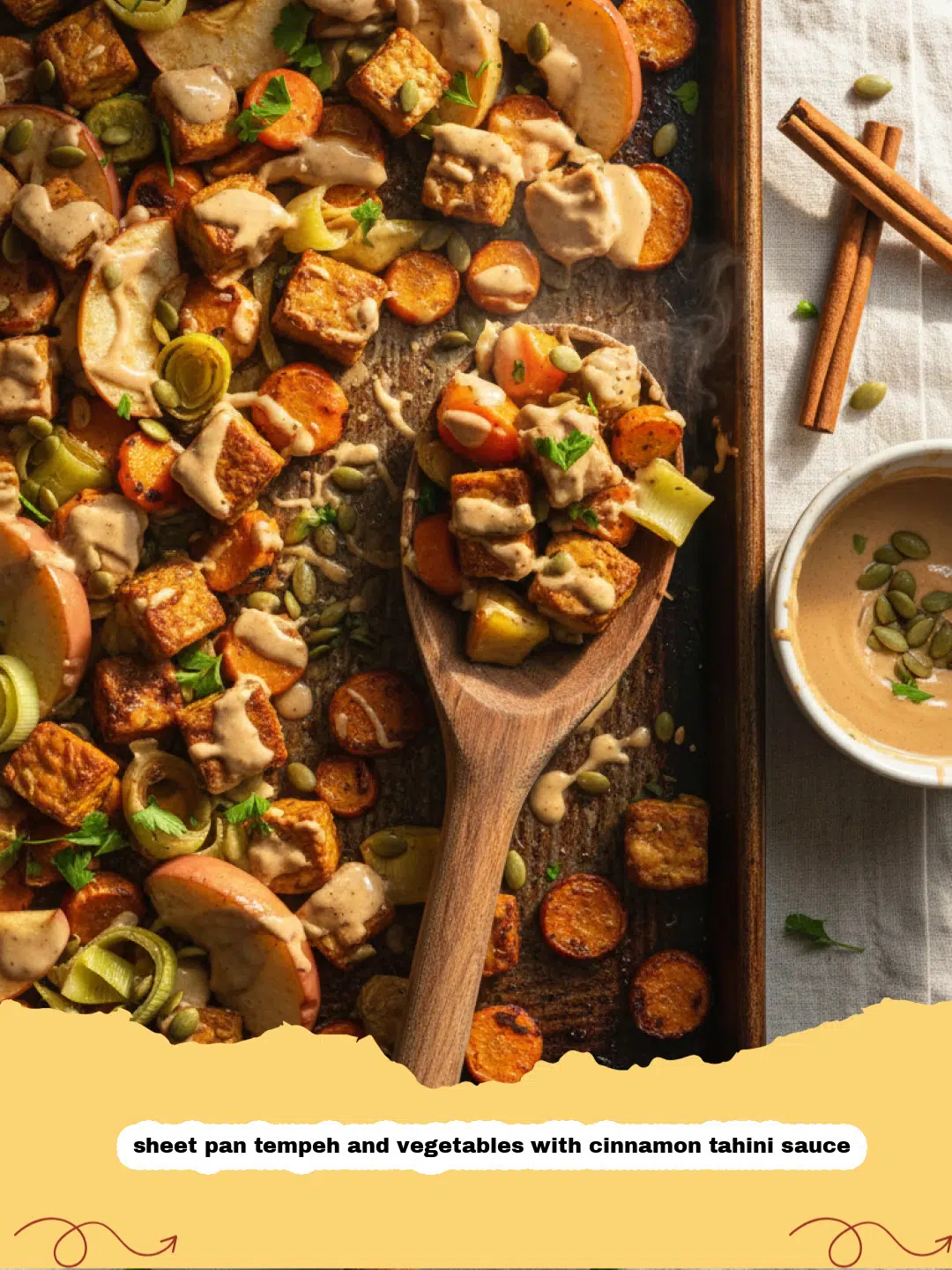 sheet pan tempeh and vegetables with cinnamon tahini sauce - Sheet pan tempeh and vegetables with a drizzle of cinnamon tahini sauce, garnished with fresh parsley.