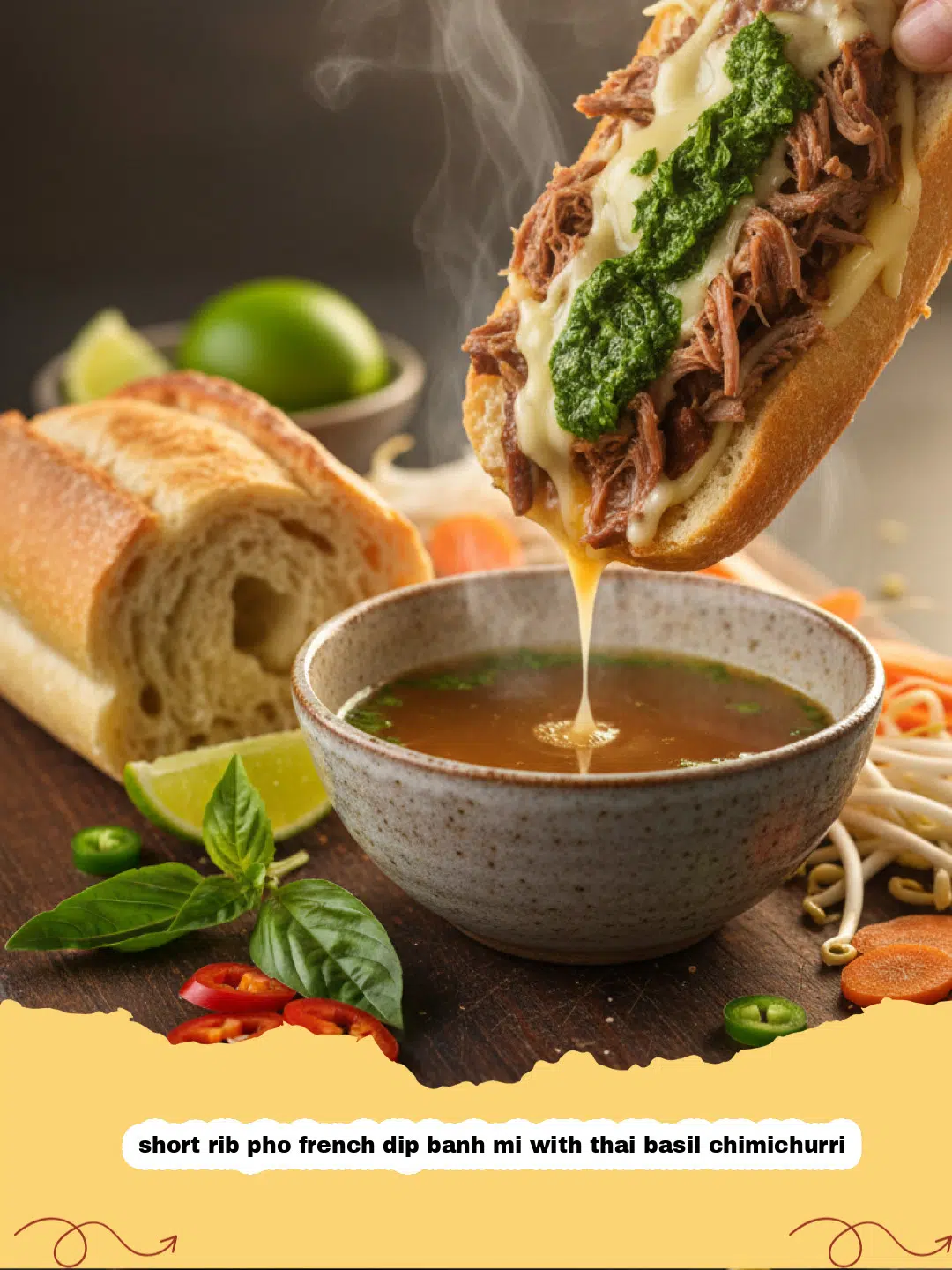 short rib pho french dip banh mi with thai basil chimichurri - Close-up of a Short Rib Pho French Dip Banh Mi with vibrant Thai basil chimichurri and a side of dipping jus.