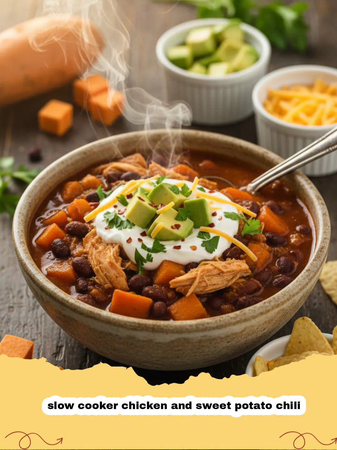 A bowl of hearty slow cooker chicken and sweet potato chili topped with fresh cilantro and a dollop of sour cream, with a spoon digging in.