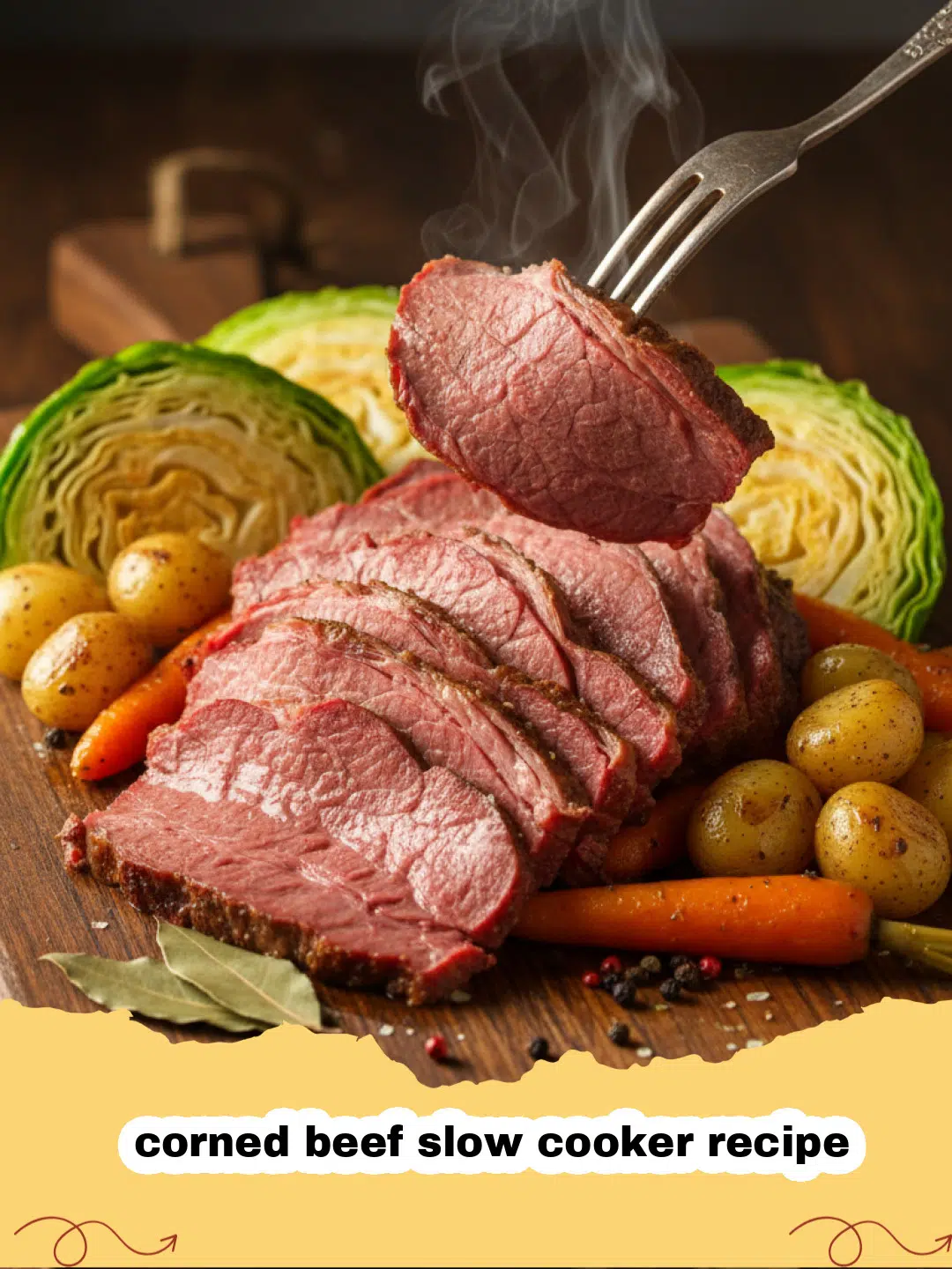 corned beef slow cooker recipe - Close up of tender sliced corned beef with potatoes, carrots, and cabbage in a slow cooker.