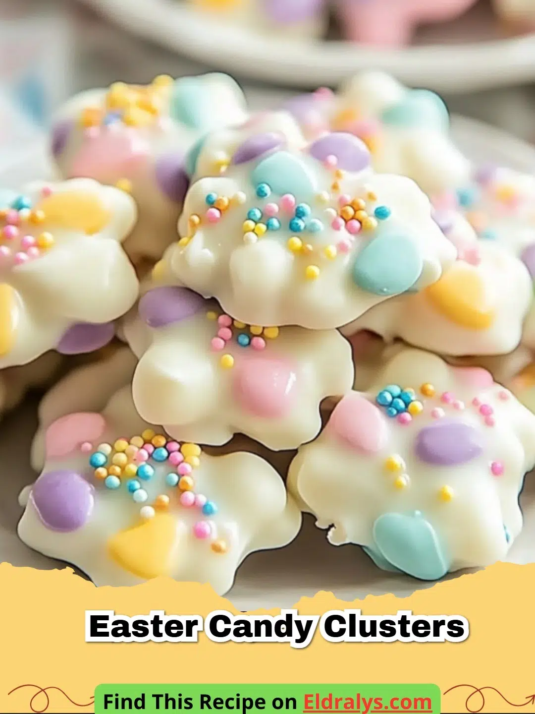 Slow Cooker Easter Candy Clusters on a white plate with pastel decorations