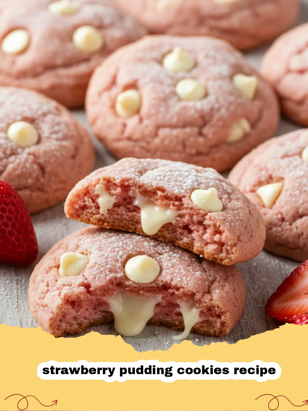 strawberry pudding cookies recipe - Pile of soft pink strawberry pudding cookies on a cooling rack with fresh strawberries in the background.