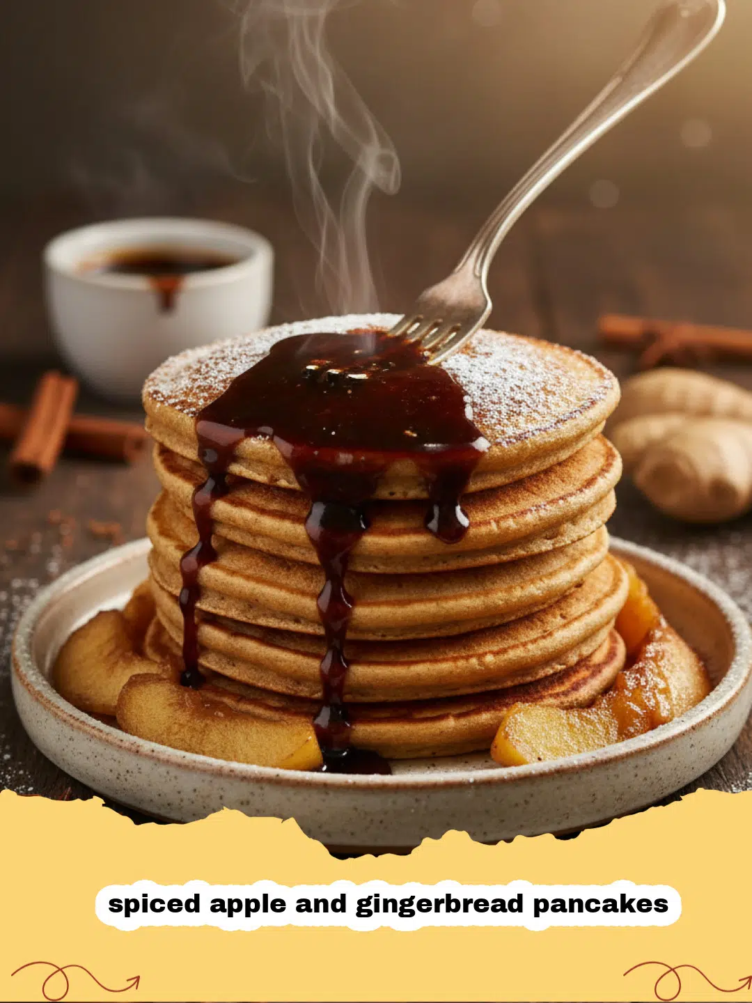 A stack of thick spiced apple and gingerbread pancakes topped with caramelized apples and maple syrup.