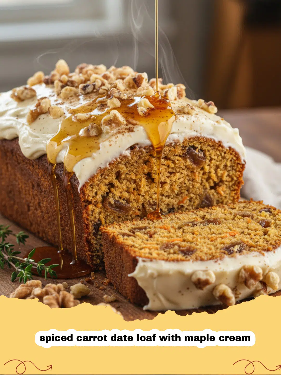 spiced carrot date loaf with maple cream - A thick slice of spiced carrot date loaf topped with smooth maple cream cheese frosting on a white plate.