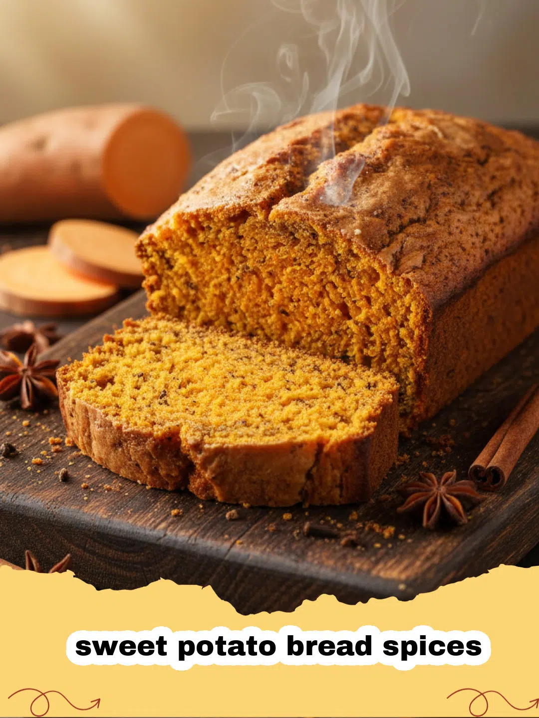 sweet potato bread spices - A moist slice of sweet potato bread with warming spices on a wooden cutting board, garnished with a sprinkle of cinnamon.