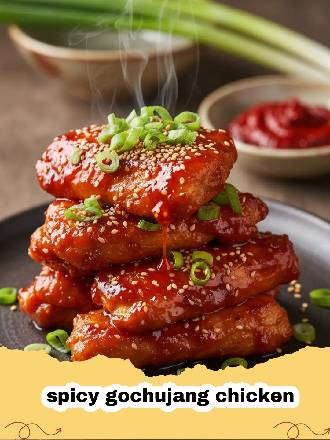Close-up of spicy gochujang chicken garnished with green onions and sesame seeds, served in a bowl.