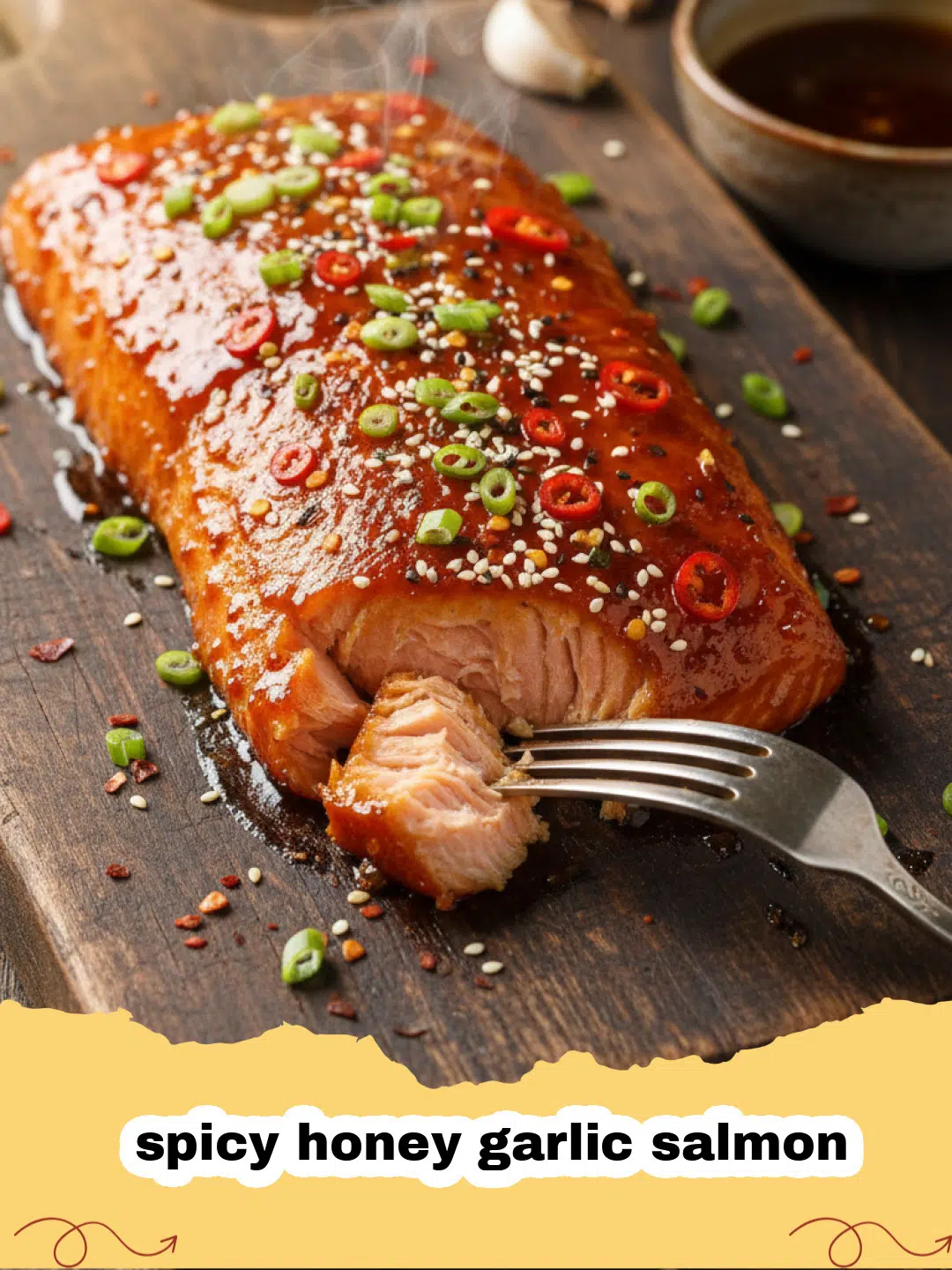 Close-up of baked spicy honey garlic salmon garnished with green onions and sesame seeds, served on a plate.