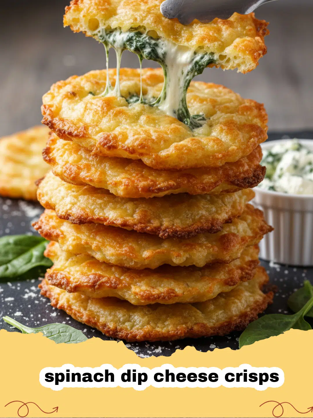Close-up of golden brown spinach dip cheese crisps on a cooling rack, showing crispy edges and green spinach flecks.