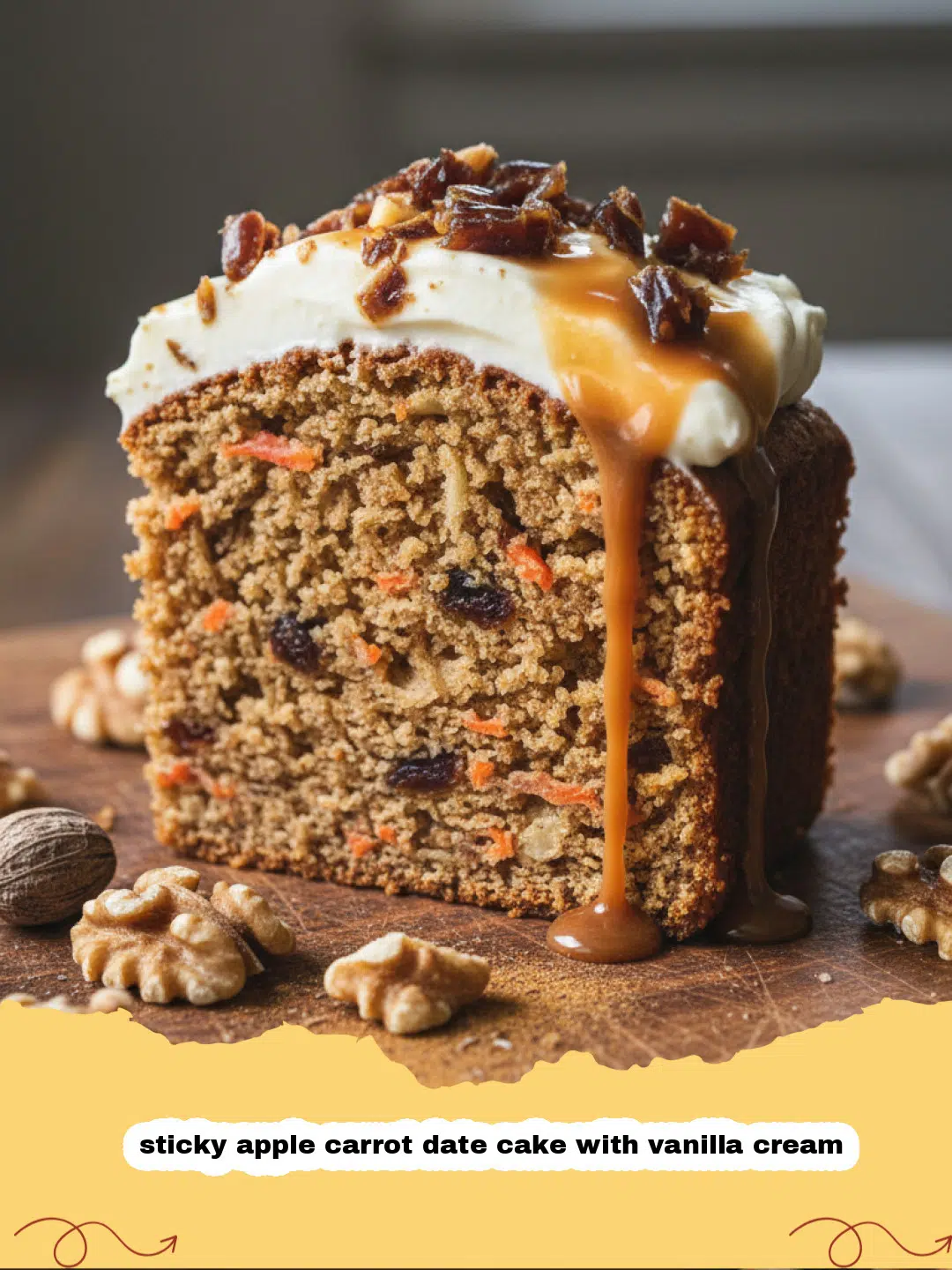 sticky apple carrot date cake with vanilla cream - A slice of sticky apple carrot date cake with a thick layer of vanilla cream on top
