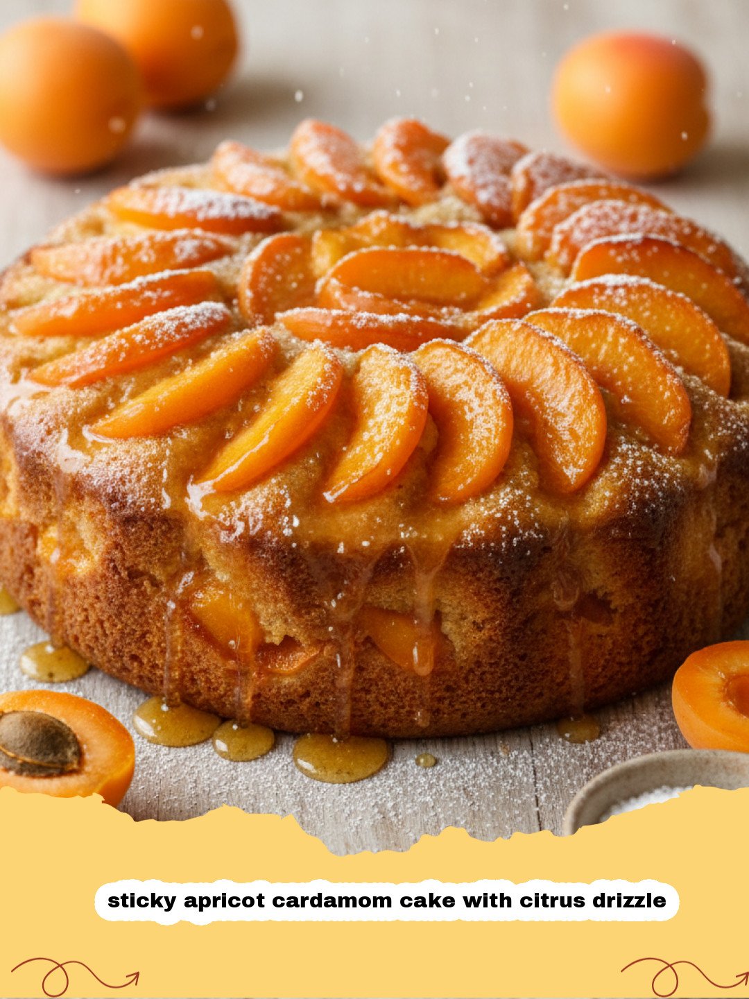 A close-up shot of a golden-brown sticky apricot cardamom cake with citrus drizzle, topped with glazed apricot halves.
