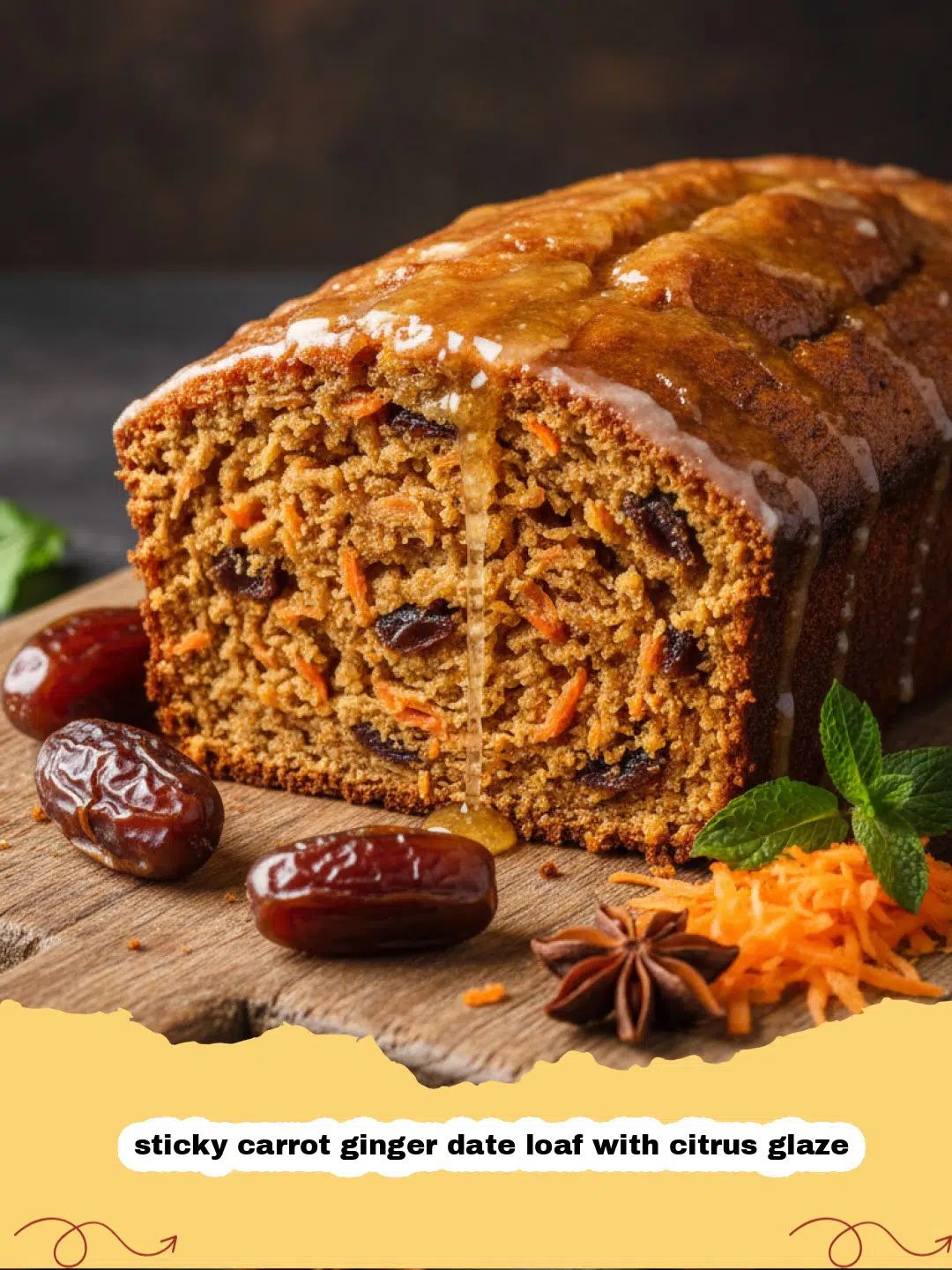 A close-up shot of a sliced sticky carrot ginger date loaf with citrus glaze dripping down the sides on a wooden board.