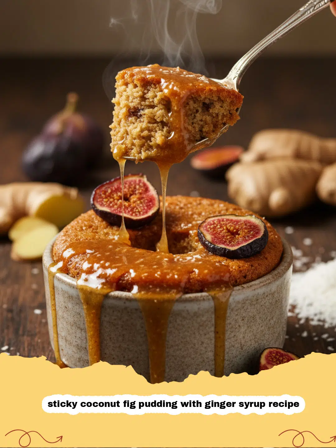 sticky coconut fig pudding with ginger syrup recipe - A warm slice of sticky coconut fig pudding drizzled with golden ginger syrup on a white plate.