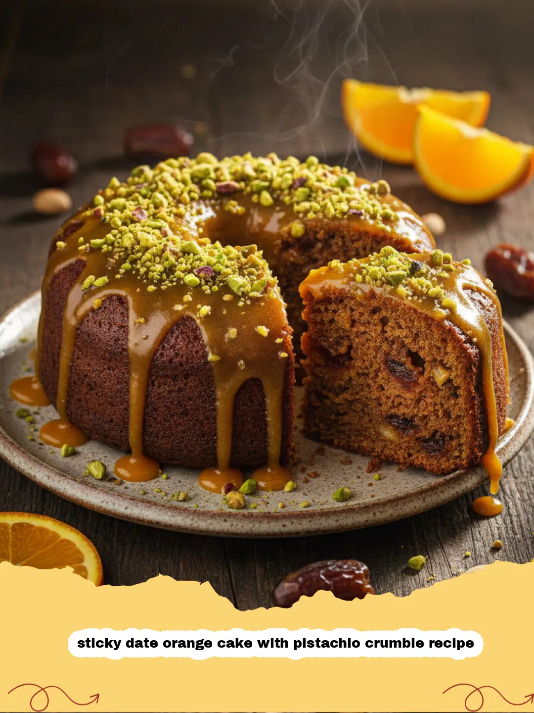 sticky date orange cake with pistachio crumble recipe - A close up of a slice of sticky date orange cake with pistachio crumble on a white plate