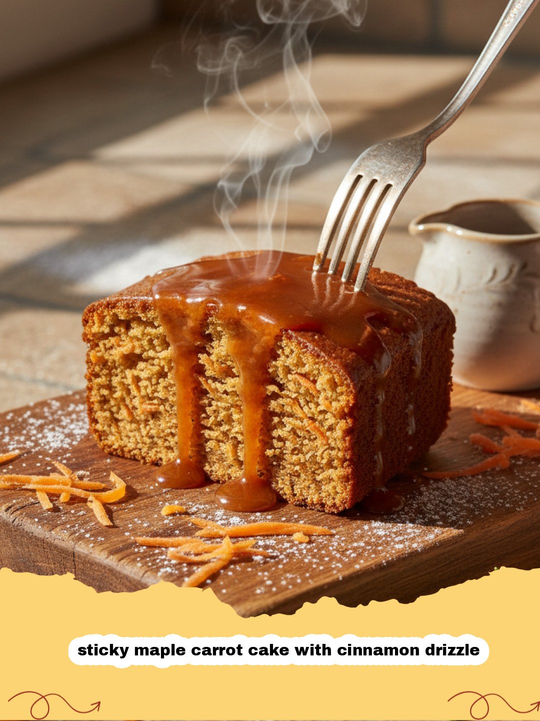 A close-up shot of a moist sticky maple carrot cake with cinnamon drizzle pooling in the grooves of a slice.