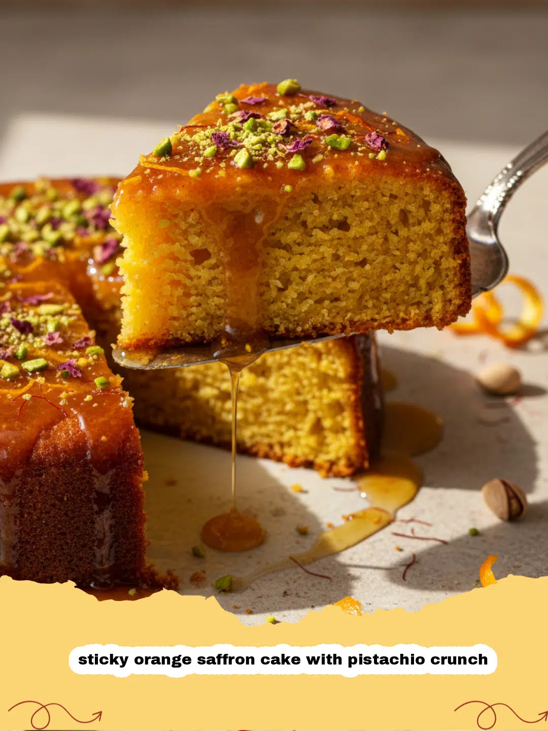 A close-up shot of a sticky orange saffron cake with pistachio crunch, showing the golden syrup and bright green nuts.
