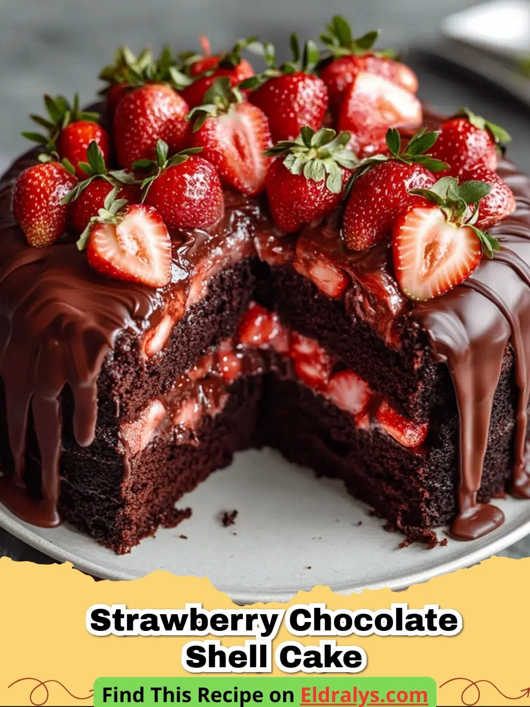 A close up shot of a Strawberry Chocolate Shell Cake with a cracked chocolate top revealing fresh strawberries.