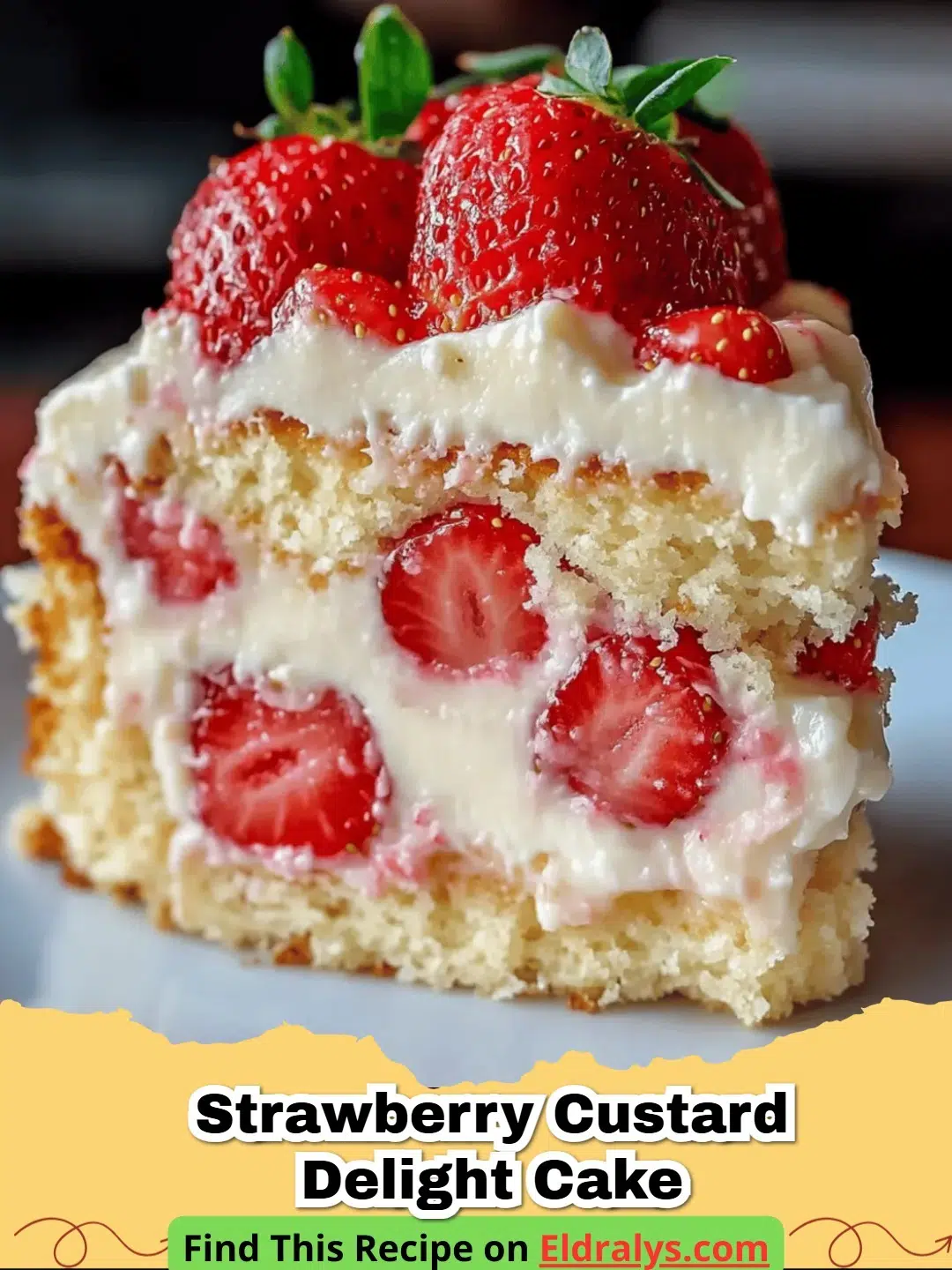 A close up of a slice of Strawberry Custard Delight Cake with fresh berries.
