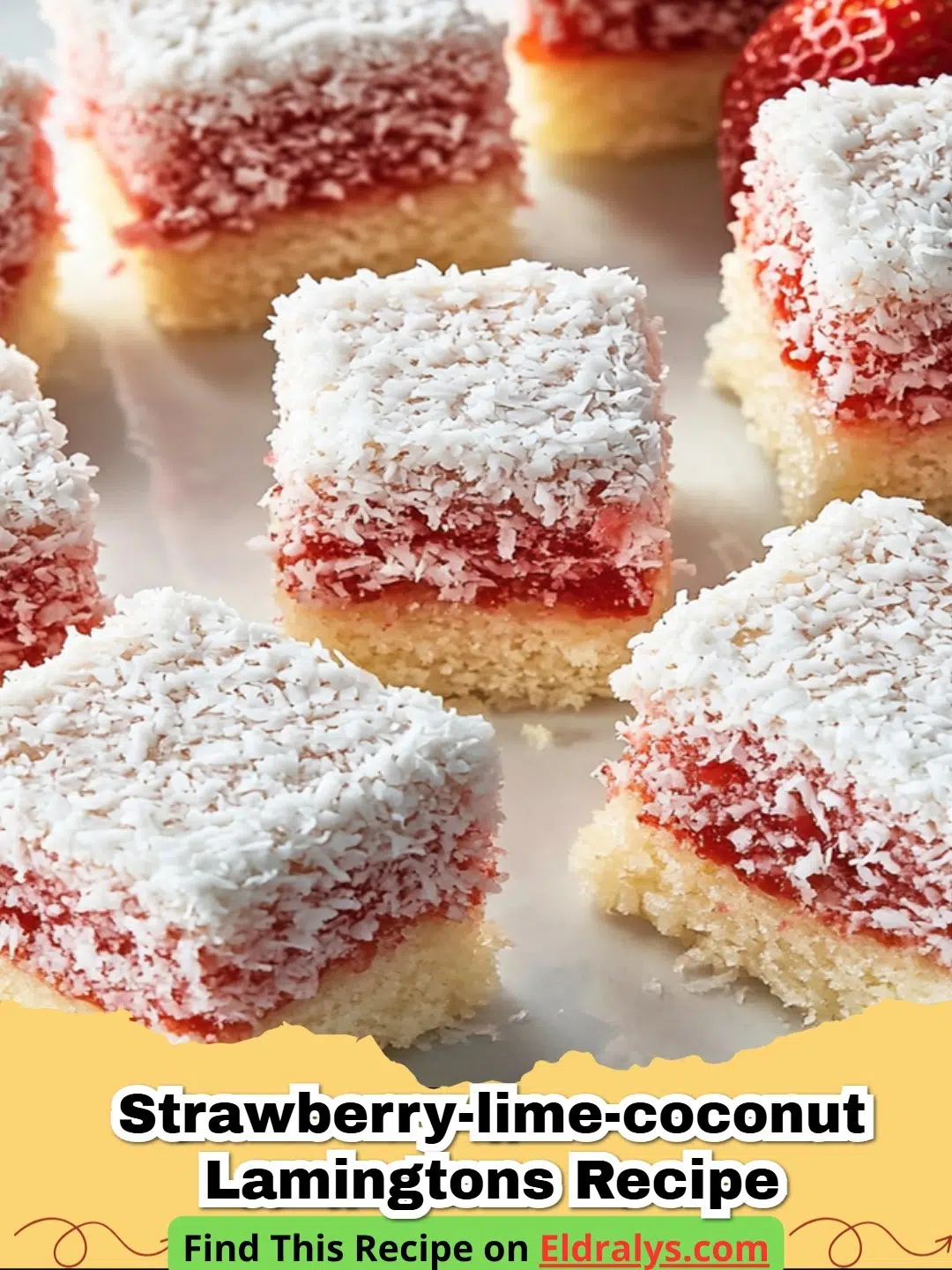 Strawberry-Lime-Coconut Lamingtons Recipe - Close-up of Strawberry-Lime-Coconut Lamingtons coated in white coconut with a pink jam center.