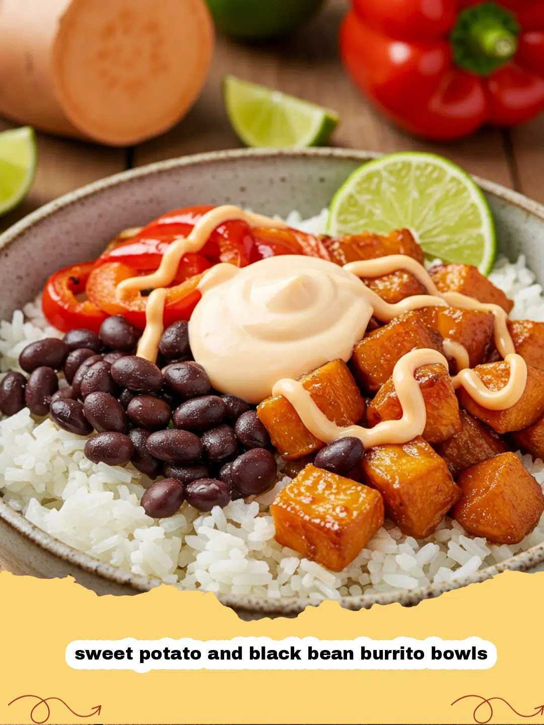 sweet potato and black bean burrito bowls - A colorful sweet potato and black bean burrito bowl with avocado and cilantro lime rice.