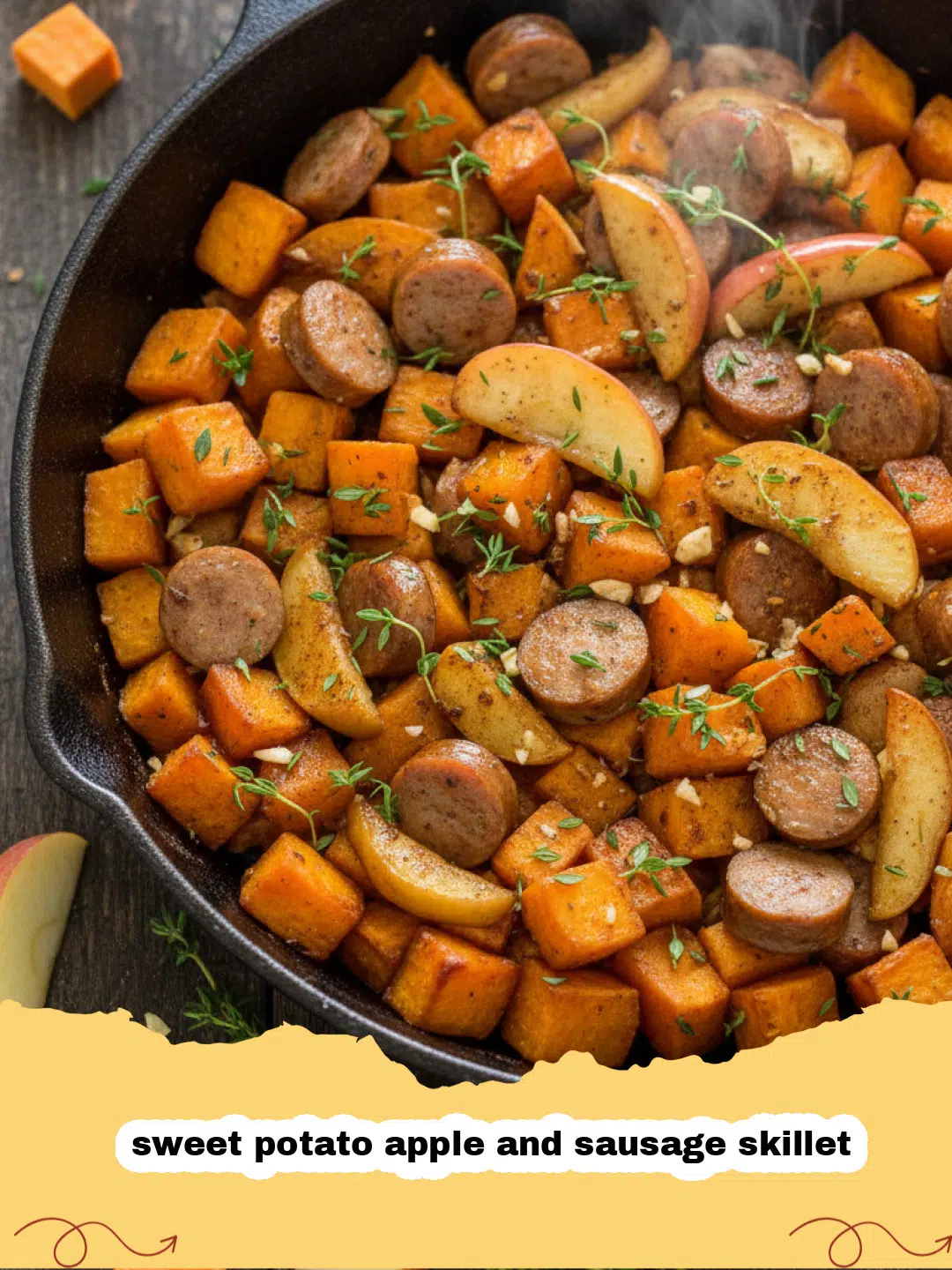 sweet potato apple and sausage skillet - A cast iron skillet filled with browned sausage, cubed sweet potatoes, and sautéed apple slices.