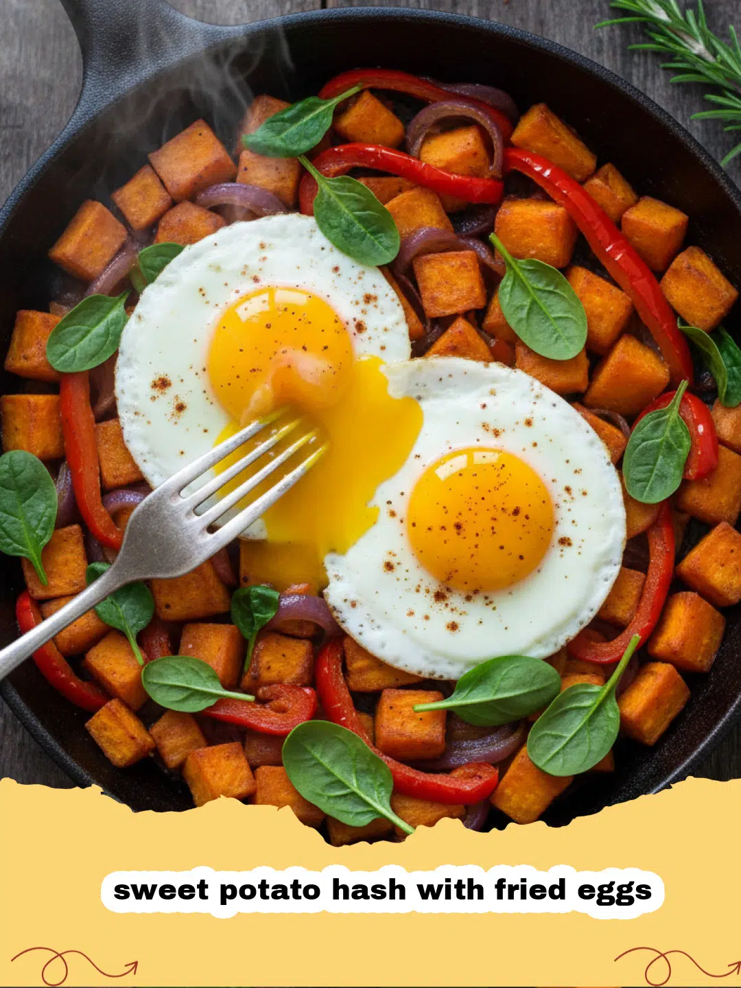 sweet potato hash with fried eggs - A cast iron skillet filled with crispy sweet potato hash topped with four fried eggs and fresh parsley.