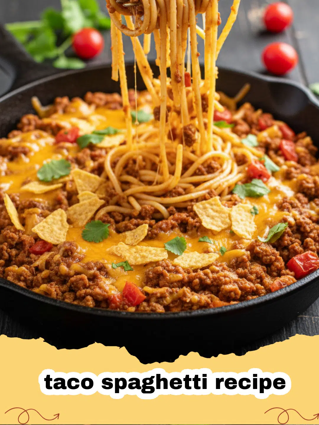 taco spaghetti recipe - A close-up of a skillet filled with cheesy taco spaghetti, garnished with fresh cilantro and a dollop of sour cream.
