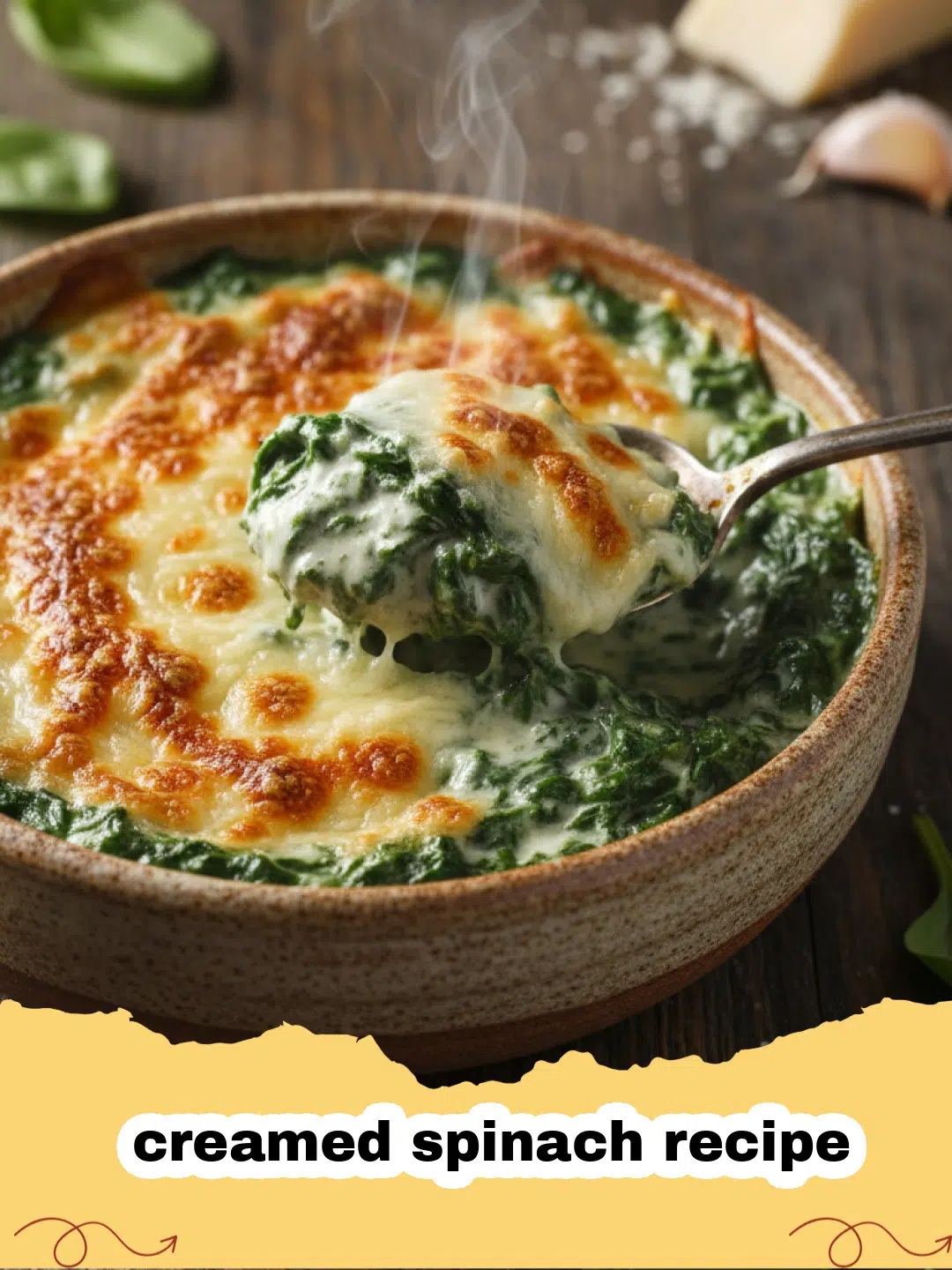 creamed spinach recipe - Close-up of a creamy and rich creamed spinach dish in a white serving bowl, garnished with a sprinkle of fresh Parmesan.