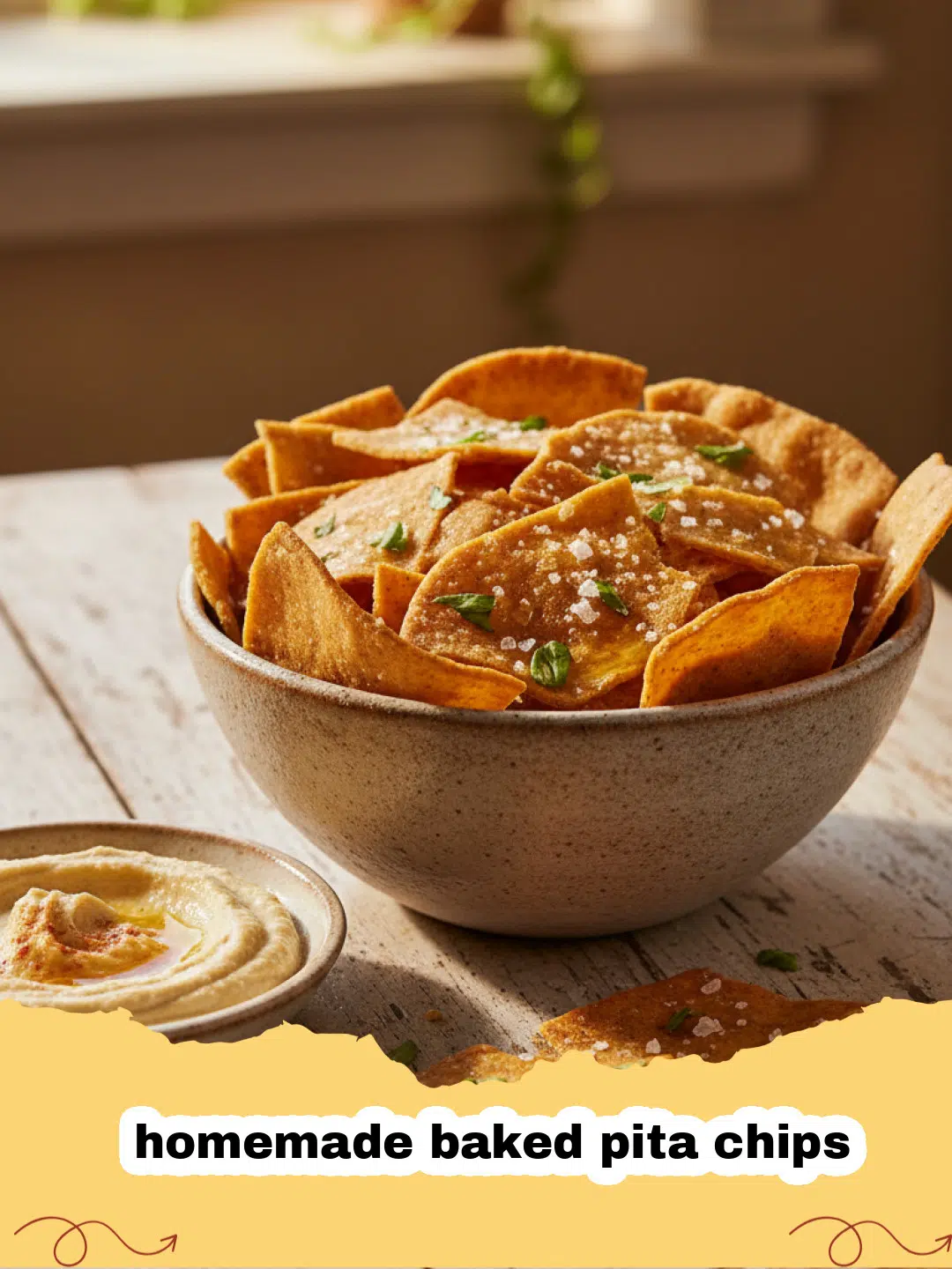 Pile of golden-brown homemade baked pita chips seasoned with herbs, with a bowl of hummus in the background.
