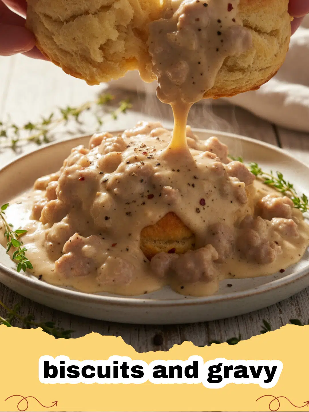 biscuits and gravy - A plate of golden brown, fluffy biscuits smothered in creamy, savory sausage gravy, garnished with fresh parsley.