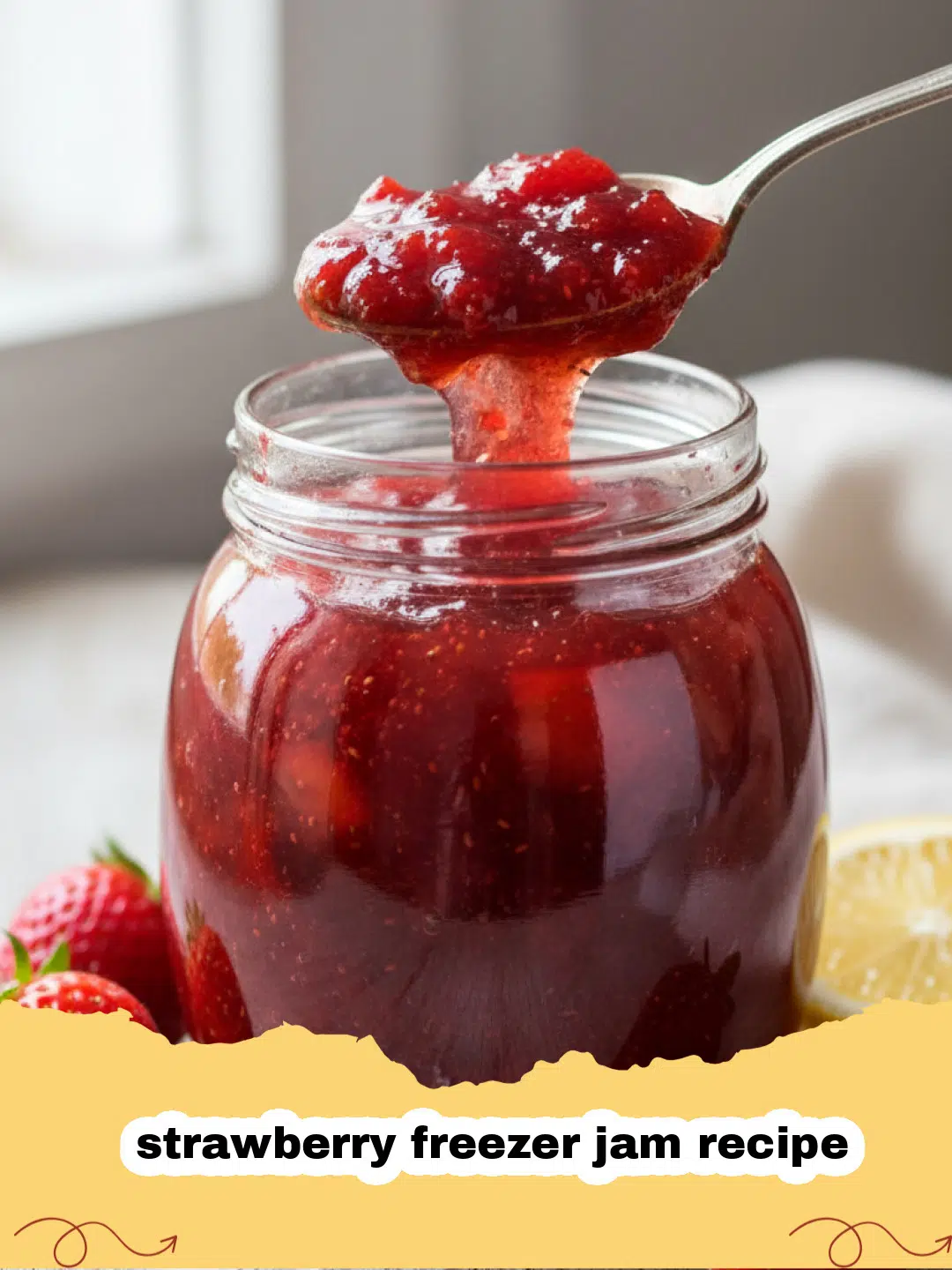 strawberry freezer jam recipe - Homemade strawberry freezer jam in glass jars, with fresh strawberries and a spoon on the side
