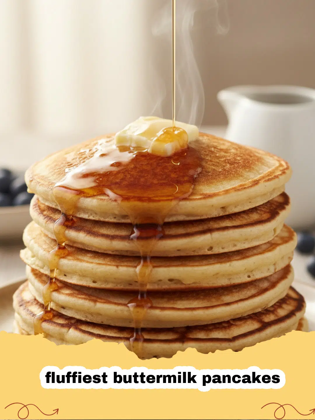 fluffiest buttermilk pancakes - A stack of golden, fluffy buttermilk pancakes drizzled with maple syrup and fresh berries.