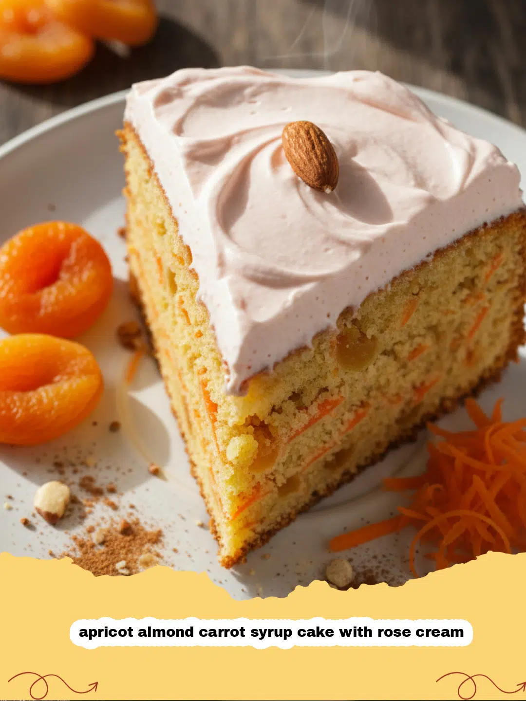 apricot almond carrot syrup cake with rose cream - A beautiful apricot almond carrot syrup cake topped with billowy rose cream and dried rose petals.