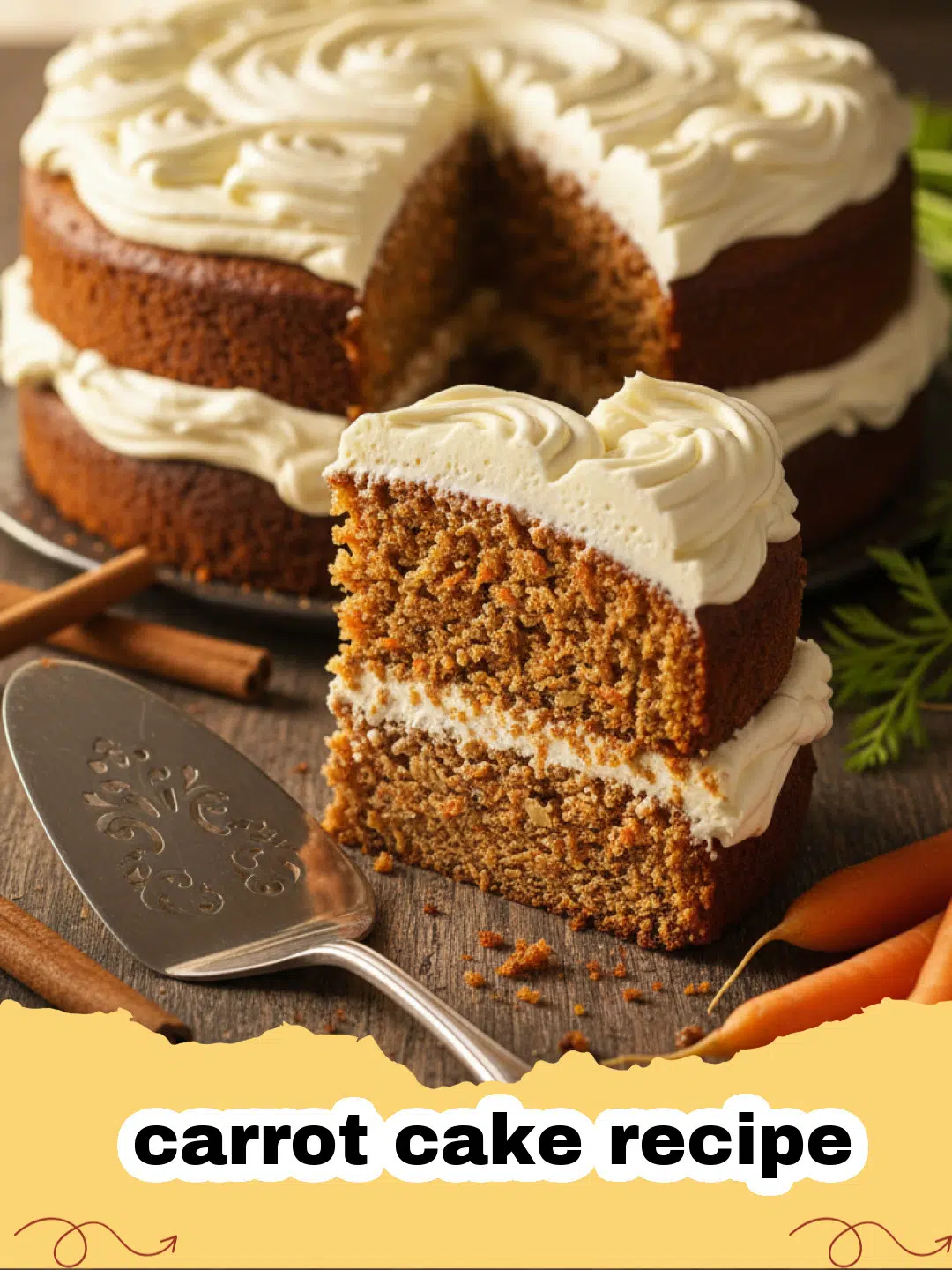 carrot cake recipe - A beautifully decorated slice of carrot cake with cream cheese frosting and candied pecans.