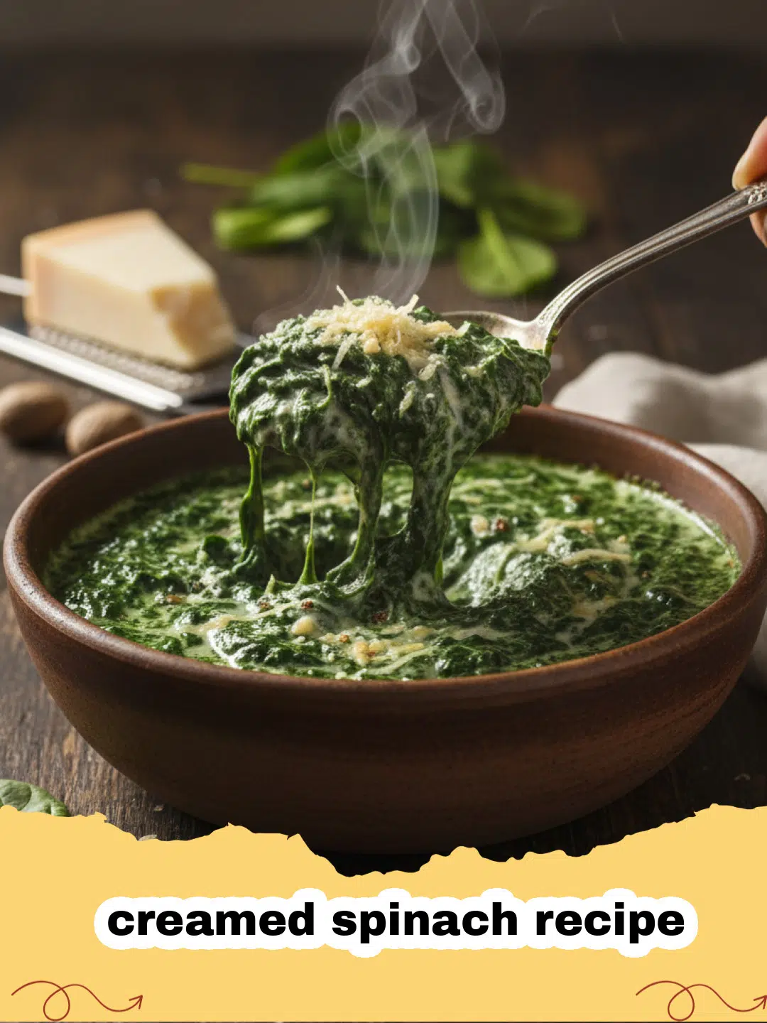 creamed spinach recipe - A creamy, luscious bowl of homemade creamed spinach, garnished with a sprinkle of fresh Parmesan.
