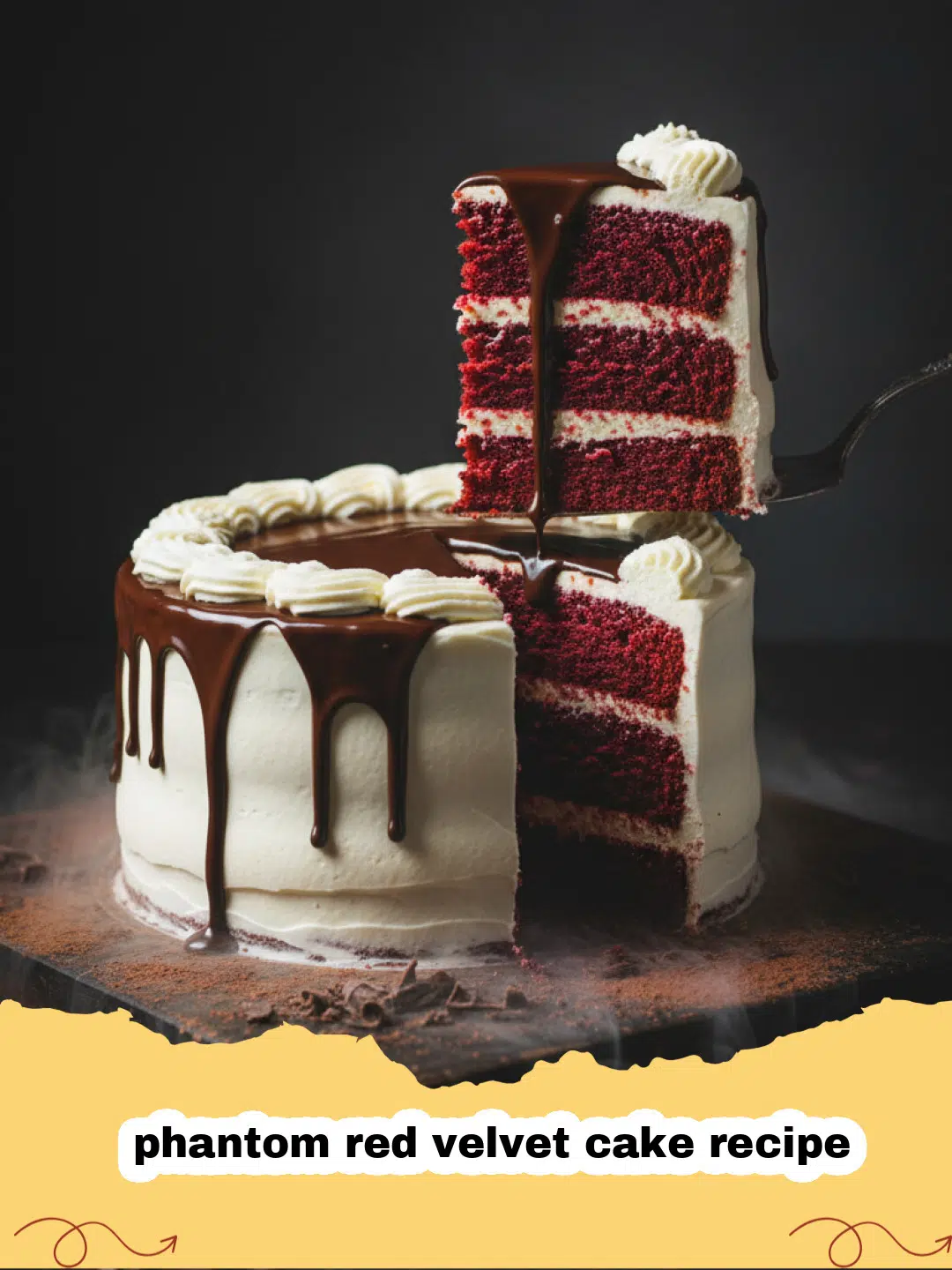 phantom red velvet cake recipe - Slice of Phantom Red Velvet Cake with cream cheese frosting on a white plate, showcasing its vibrant red color and moist texture.