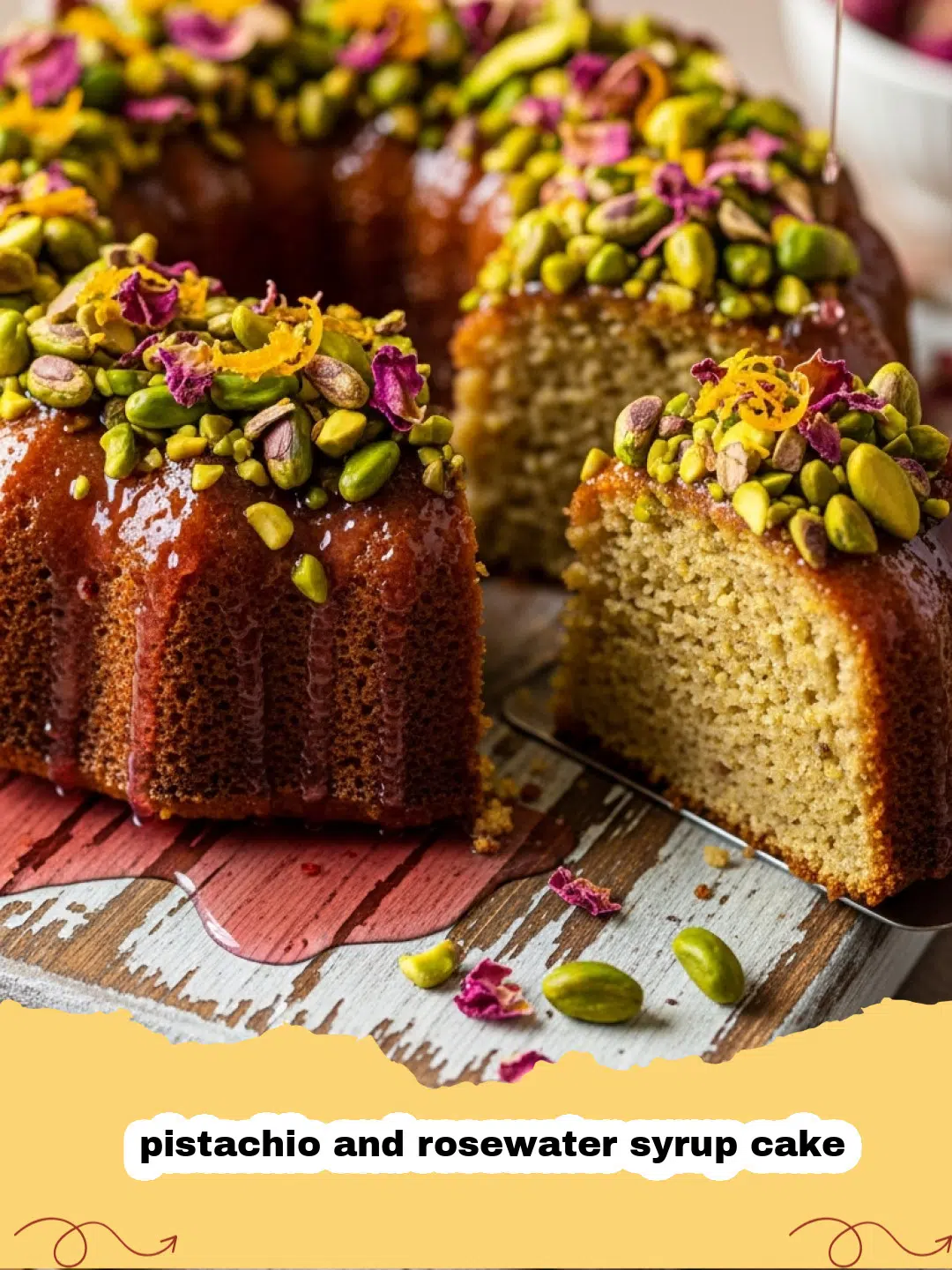 A beautiful green pistachio and rosewater syrup cake topped with dried rose petals.