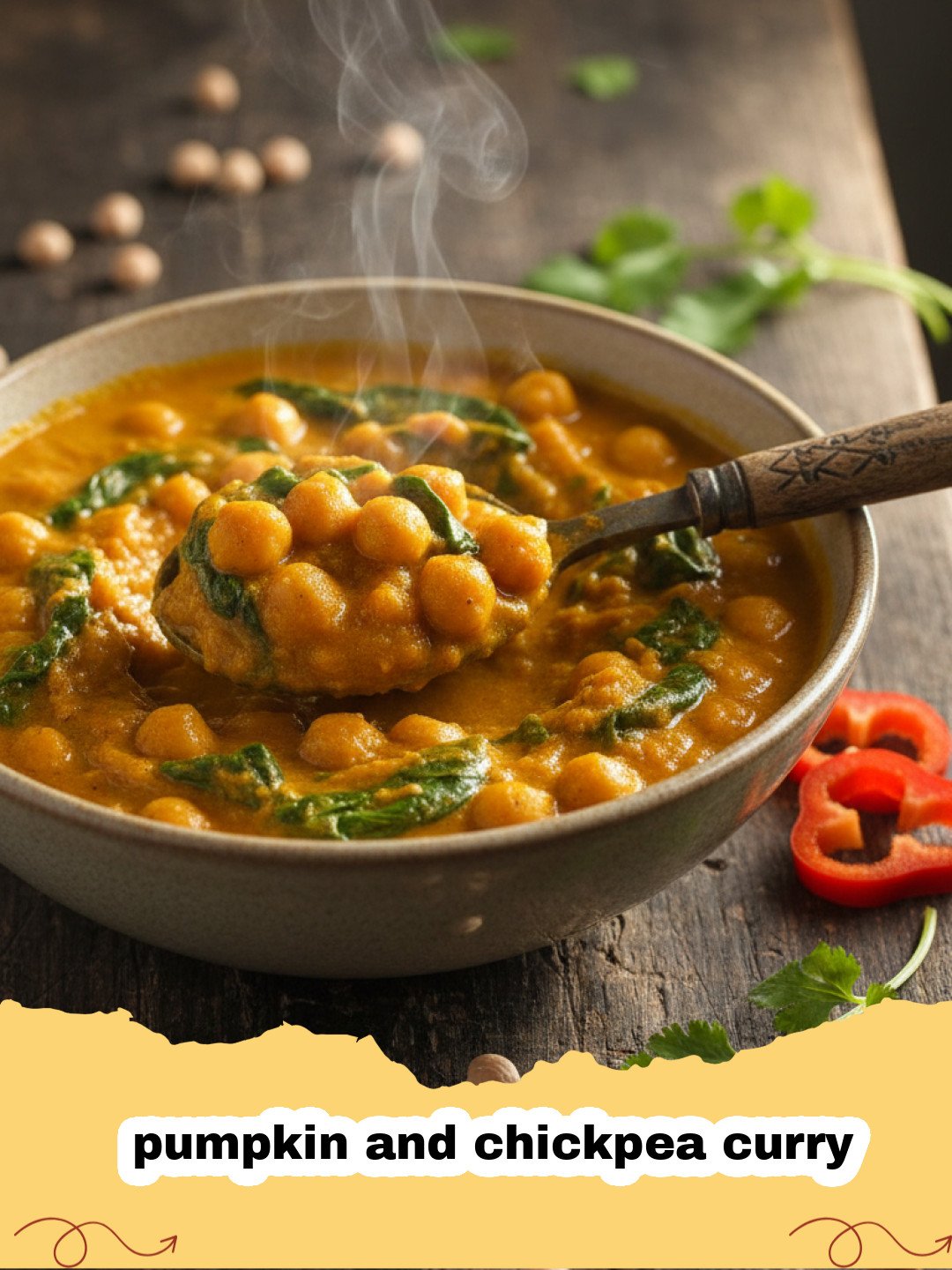 A steaming bowl of yellow pumpkin and chickpea curry garnished with cilantro and served with lime wedges.