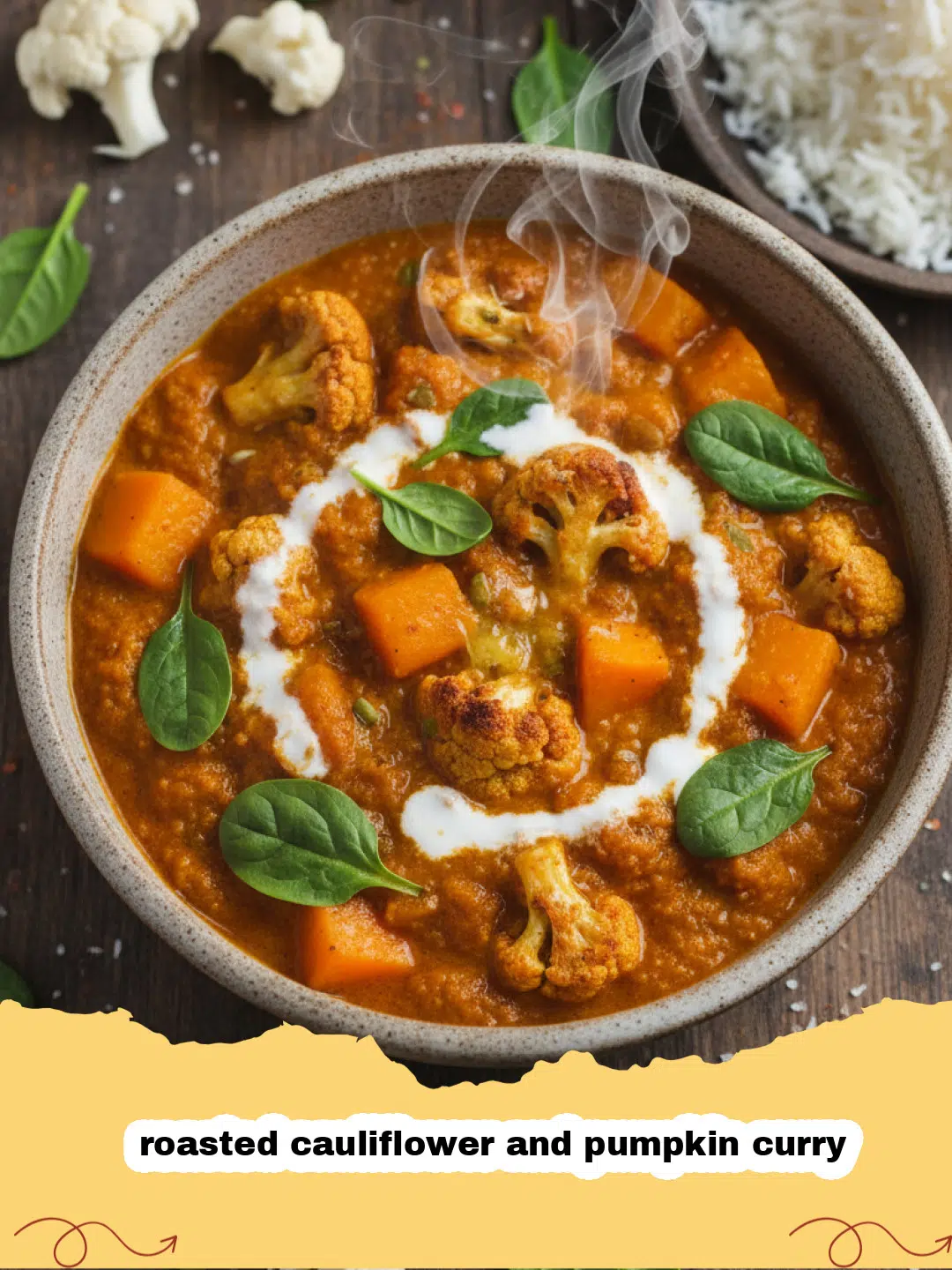 A bowl of vibrant orange roasted cauliflower and pumpkin curry garnished with cilantro
