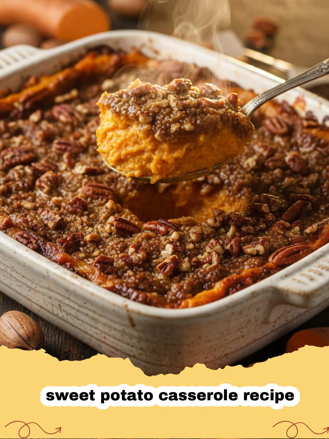 sweet potato casserole recipe - A golden-brown sweet potato casserole with a crunchy pecan streusel topping in a white baking dish.