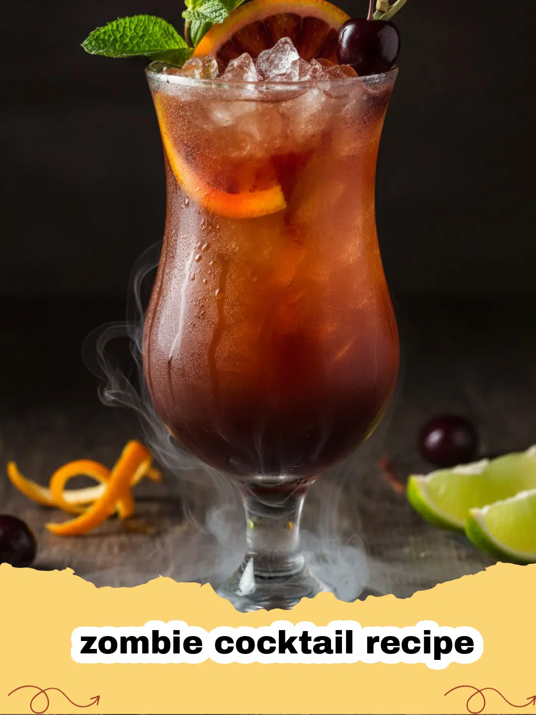 zombie cocktail recipe - A vibrant red-orange zombie cocktail in a tall tiki glass, garnished with a lime slice and a cherry, set against a dark, moody background.