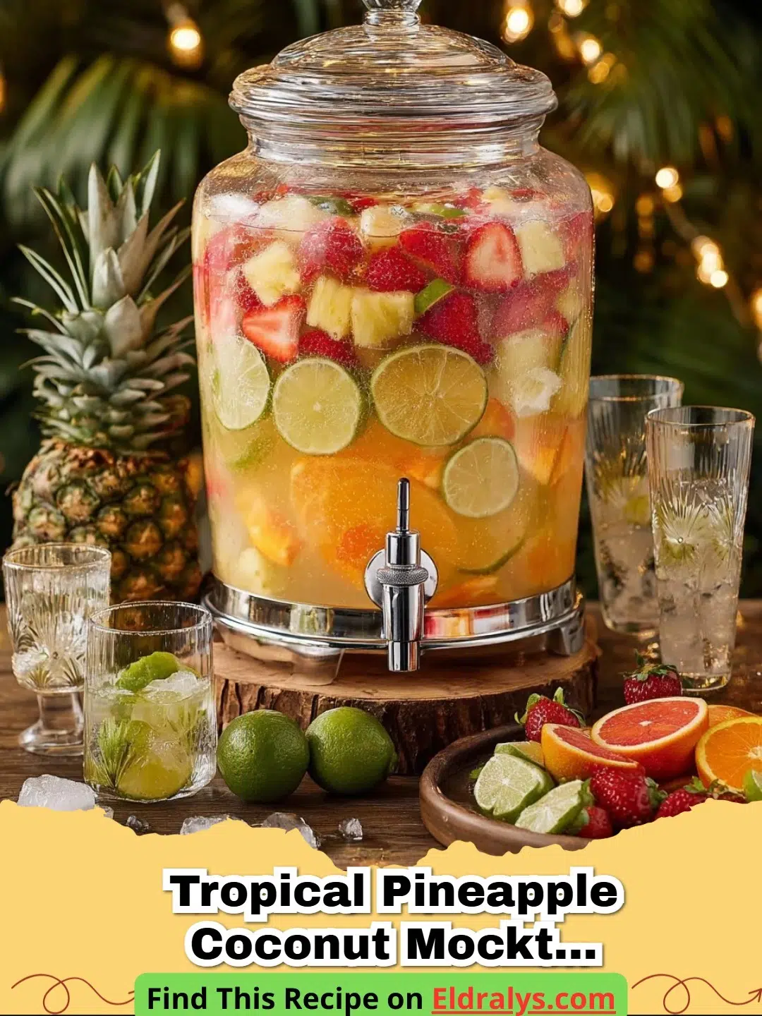 A glass of Tropical Pineapple Coconut Mocktail Punch — creamy piña colada garnished with a pineapple wedge.