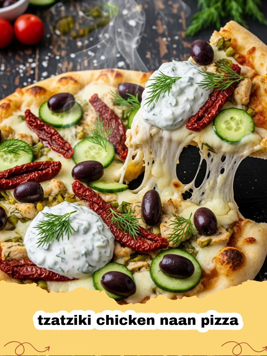 A close-up of a tzatziki chicken naan pizza topped with fresh tomatoes, red onions, and feta cheese.