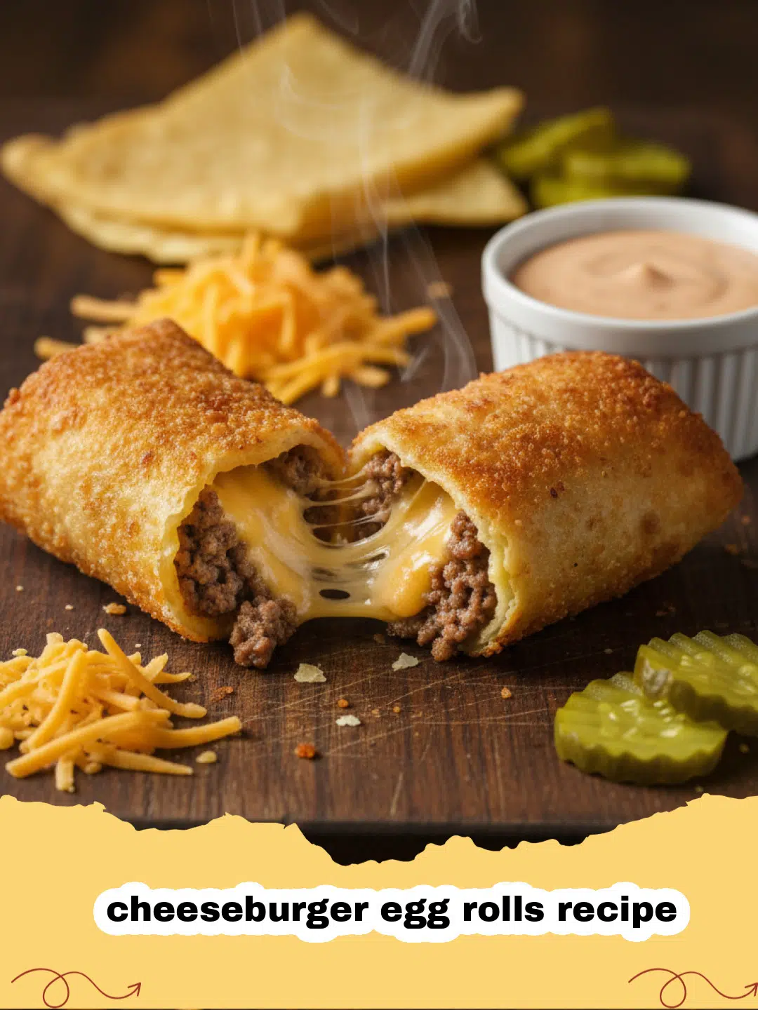 cheeseburger egg rolls recipe - Golden brown crispy cheeseburger egg rolls served with dipping sauces on a wooden board.