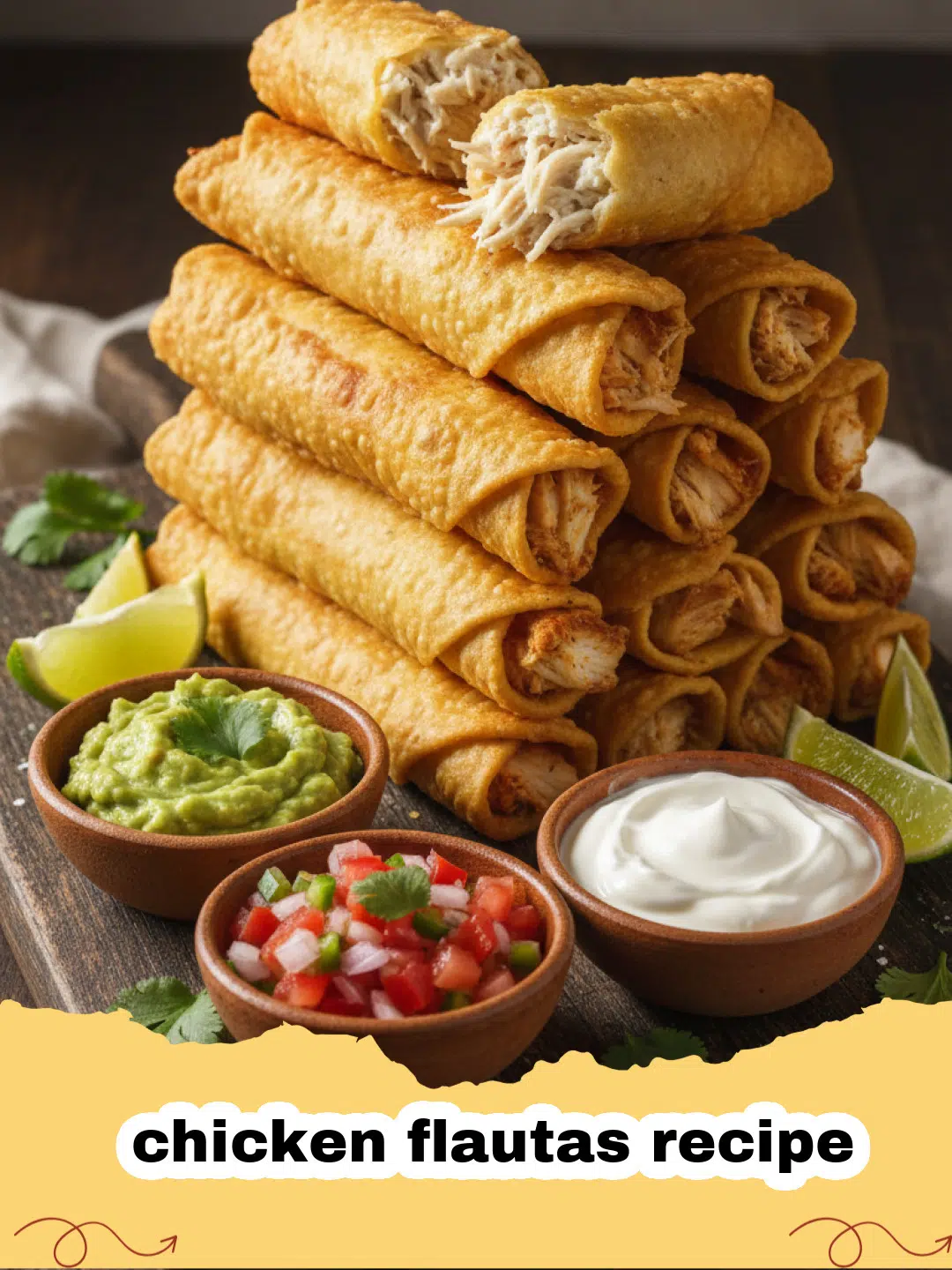 chicken flautas recipe - Platter of crispy golden chicken flautas garnished with crema, salsa, and lettuce.
