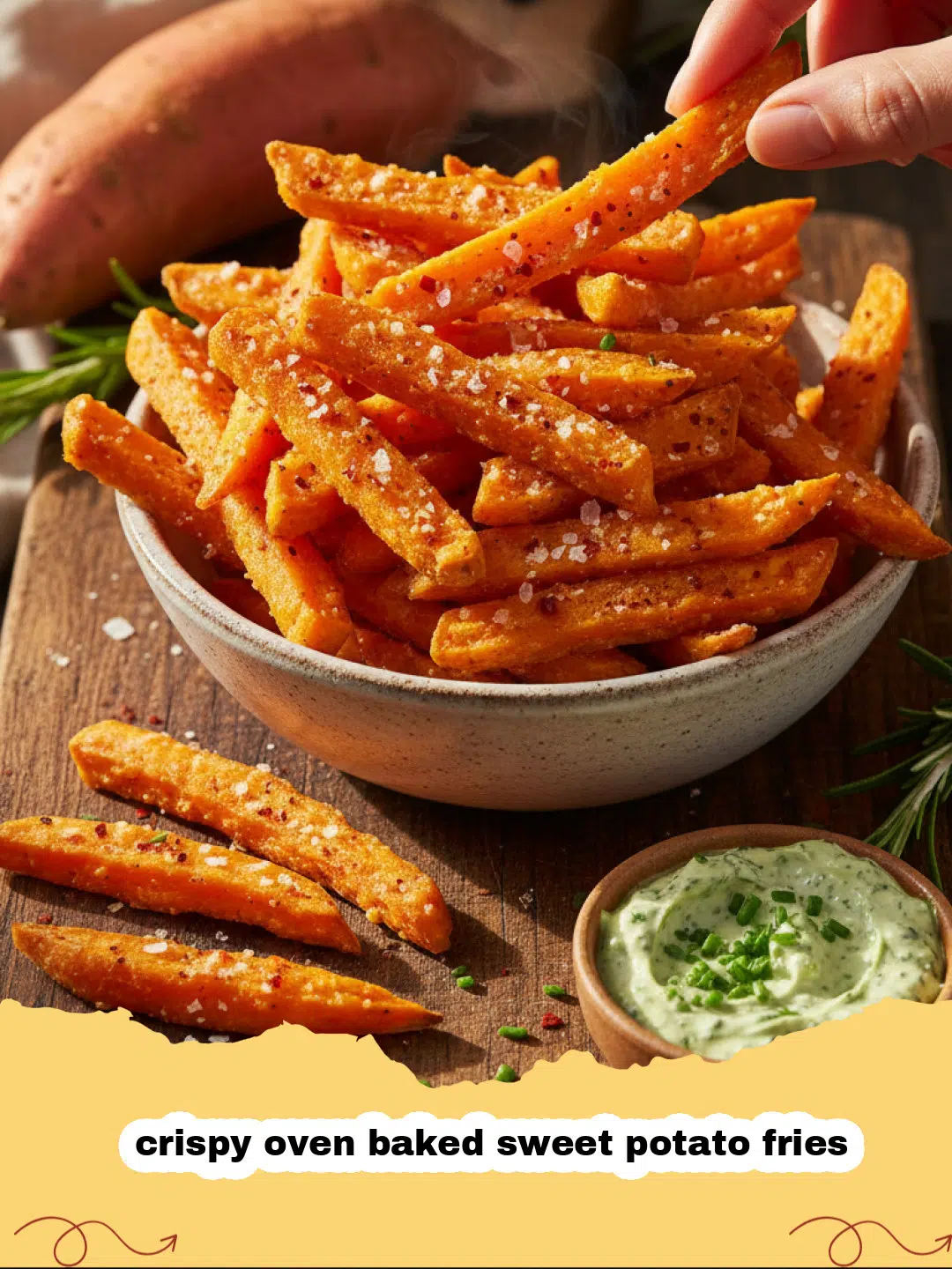 Pile of golden, crispy oven baked sweet potato fries on a baking sheet with a side of dipping sauce.